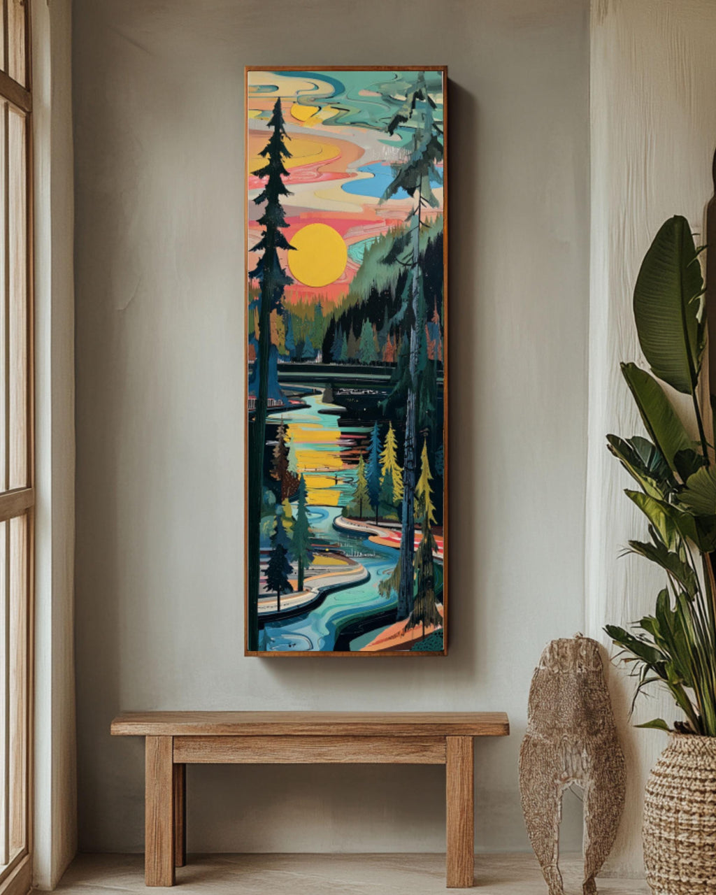 Abstract River Forest Print: Geometric Pine Sunset - Modern Nature Art Canvas Wall Art – Modern Decor Print