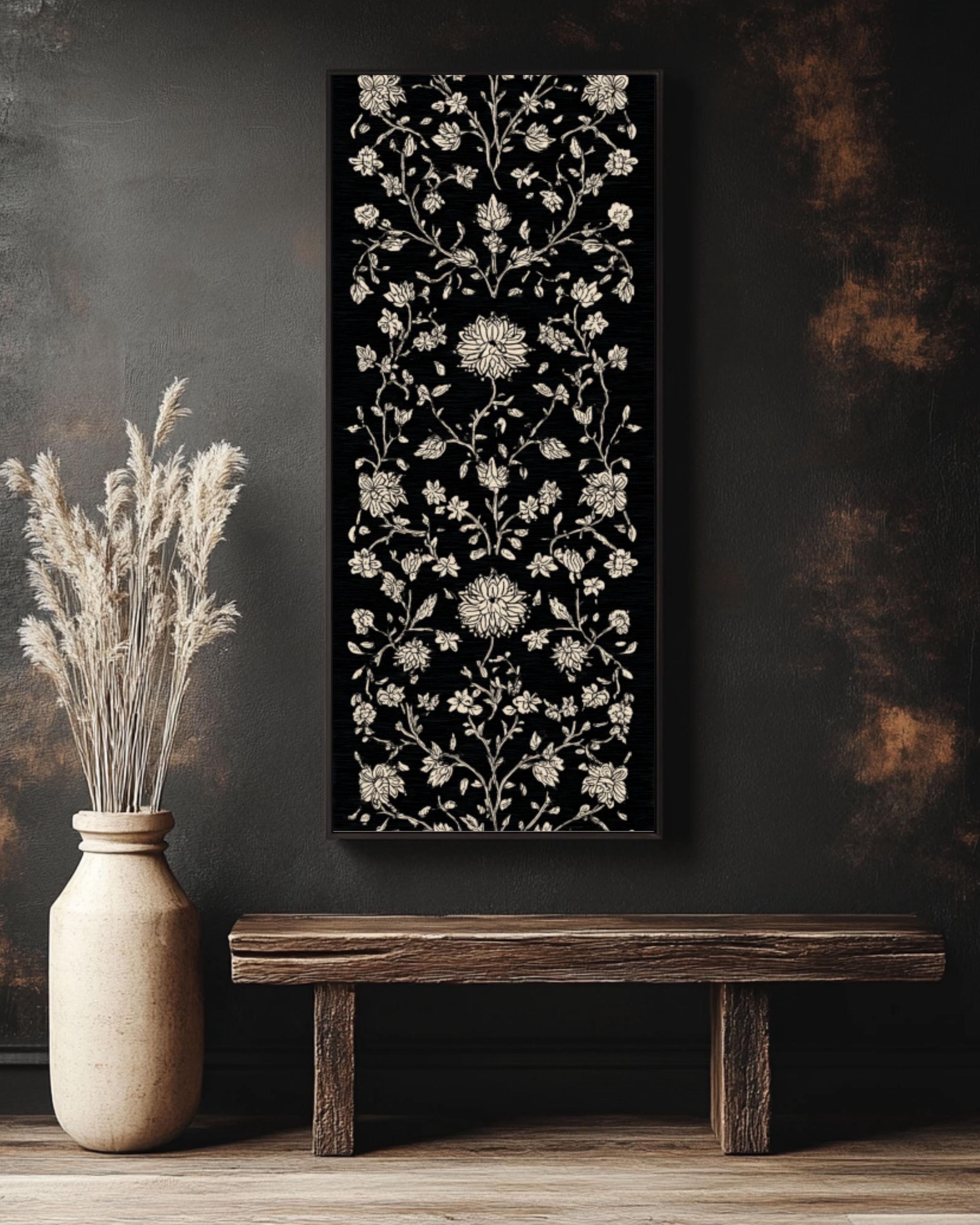 Batik Floral Vine Art Print: White on Black Botanical Pattern Canvas Wall Art – Modern Decor Print