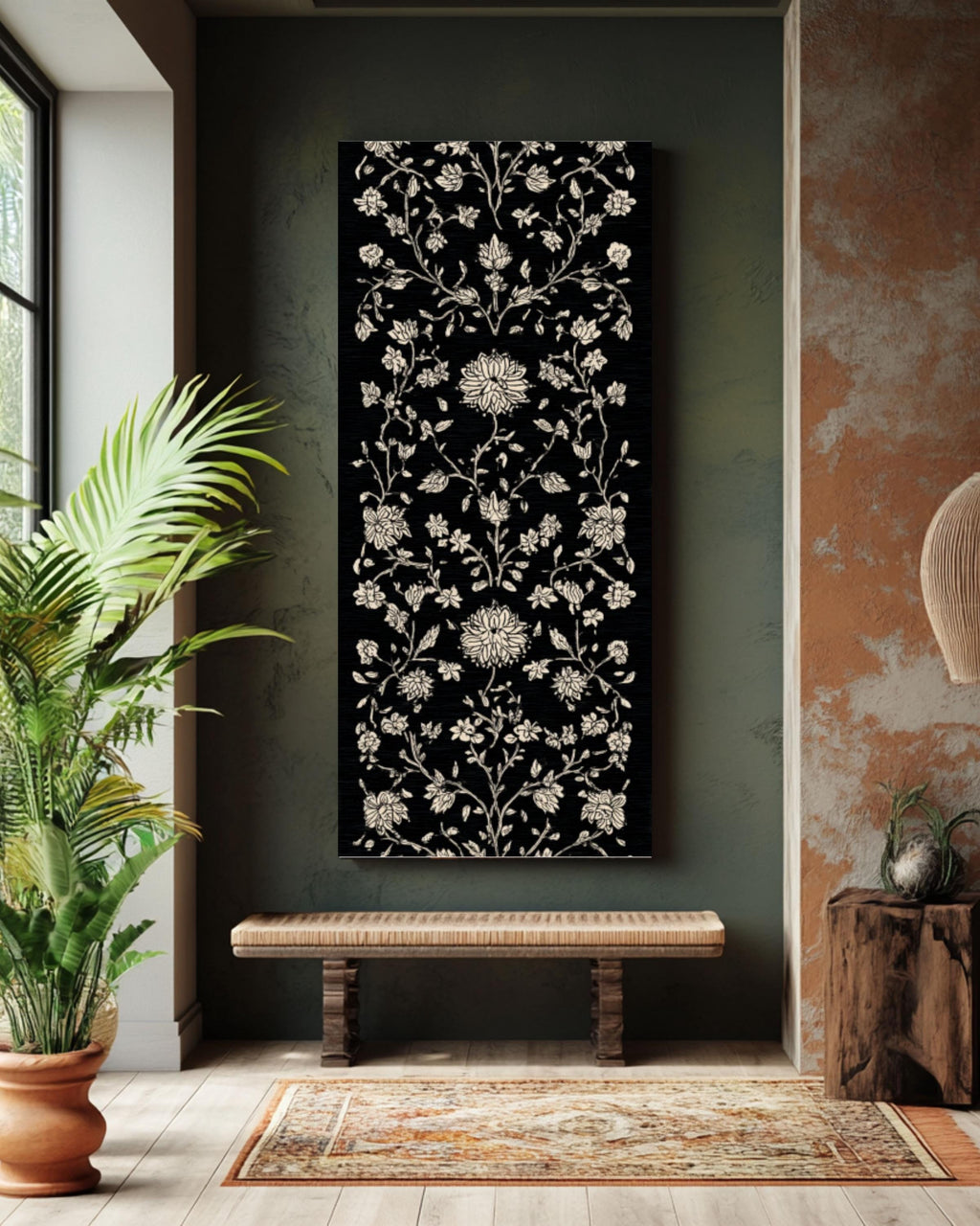 Batik Floral Vine Art Print: White on Black Botanical Pattern Canvas Wall Art – Modern Decor Print