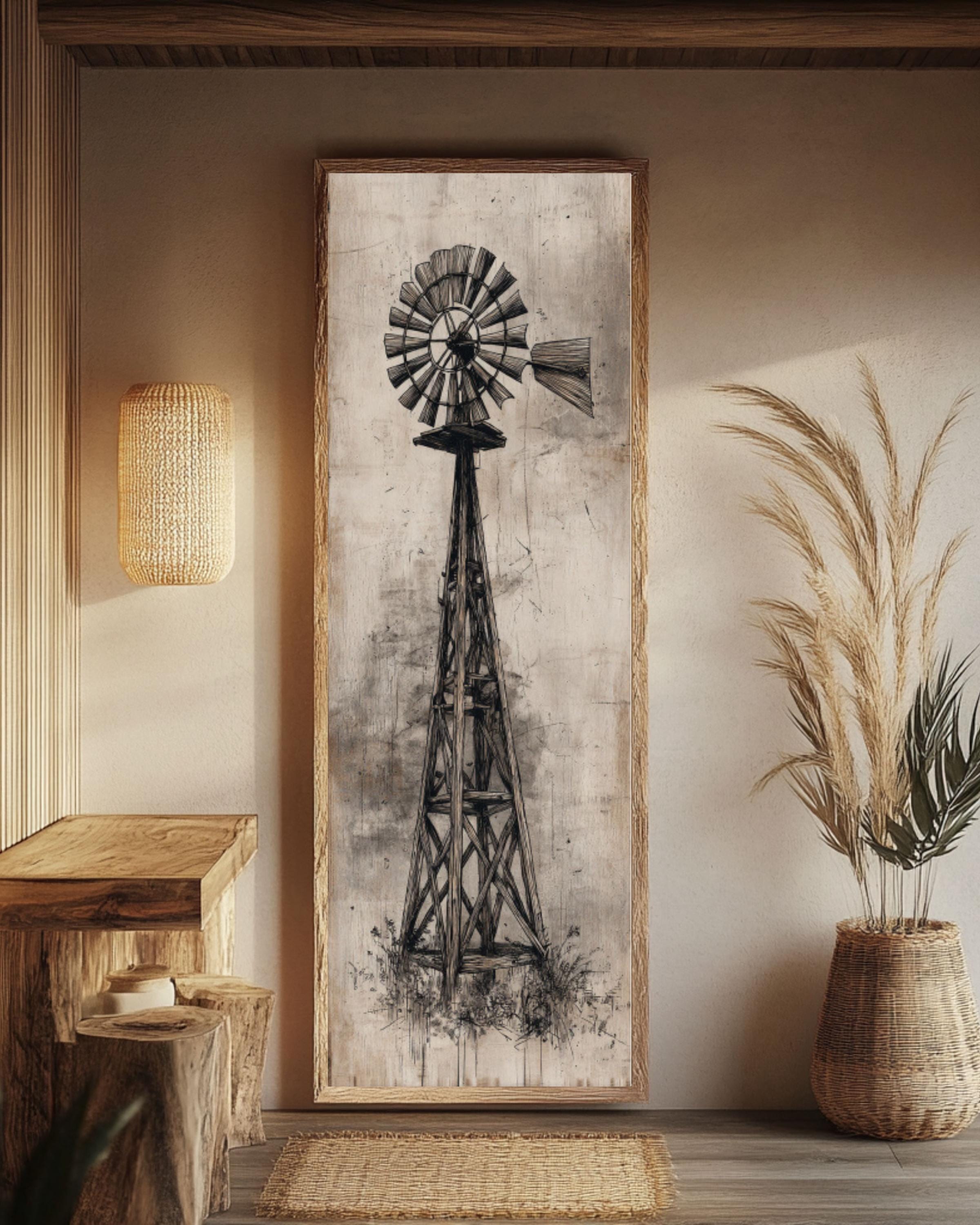 Vintage Texas Windmill Wall Art Print | Rustic Barn Scene Canvas