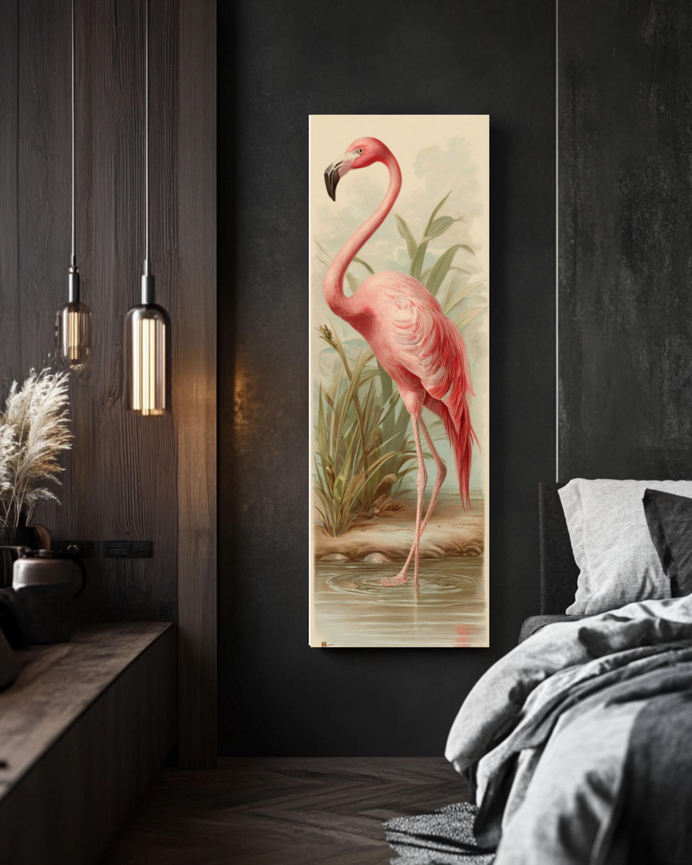 Vintage Flamingo Print: Chromolithograph Style Pastel Bird Art Canvas Wall Art – Modern Decor Print