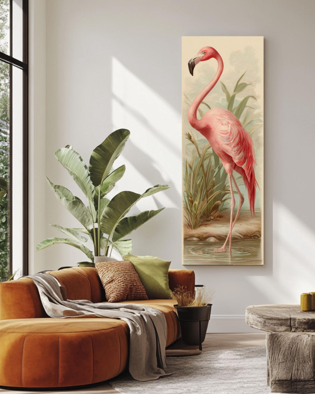 Vintage Flamingo Print: Chromolithograph Style Pastel Bird Art Canvas Wall Art – Modern Decor Print