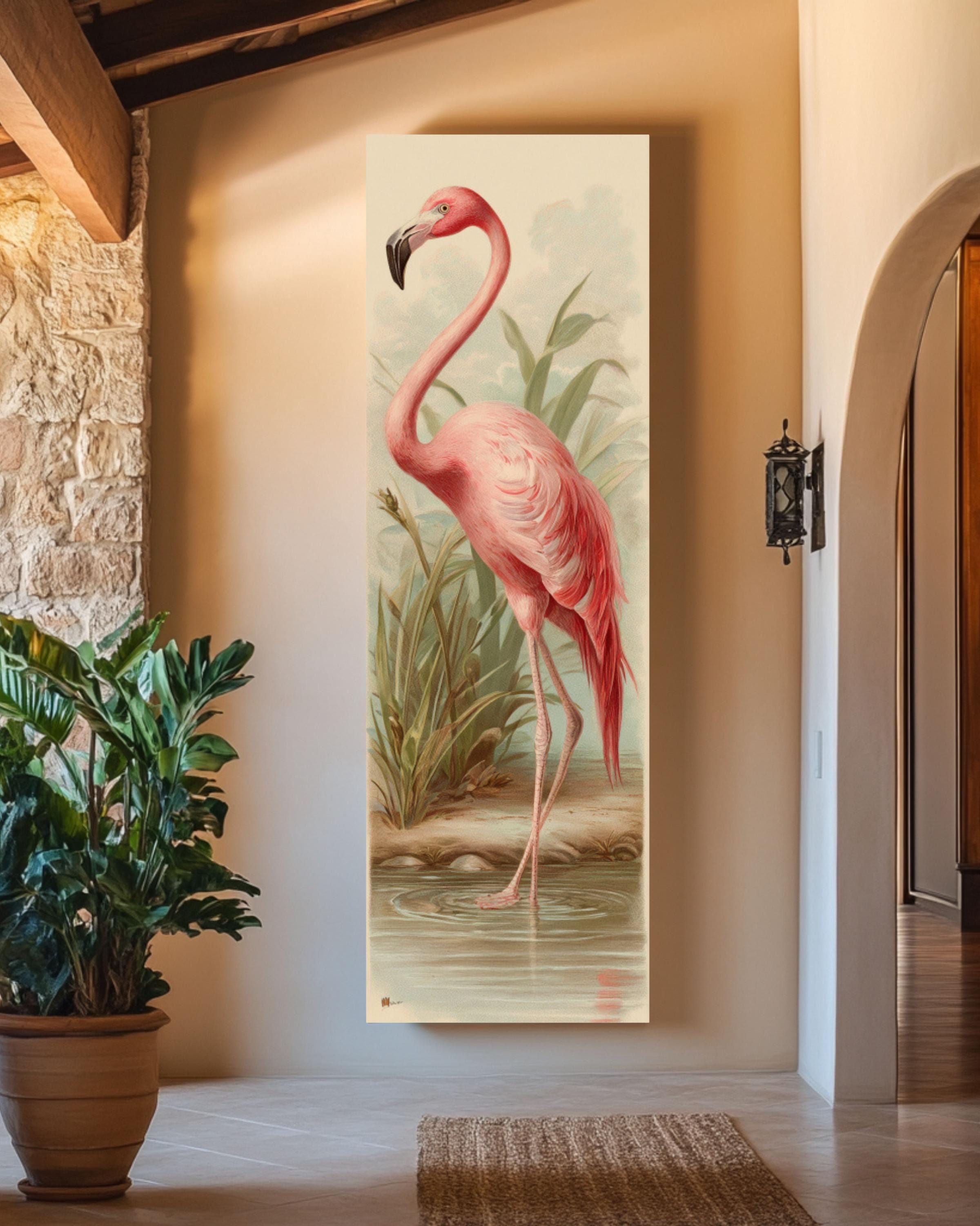 Vintage Flamingo Print: Chromolithograph Style Pastel Bird Art Canvas Wall Art – Modern Decor Print