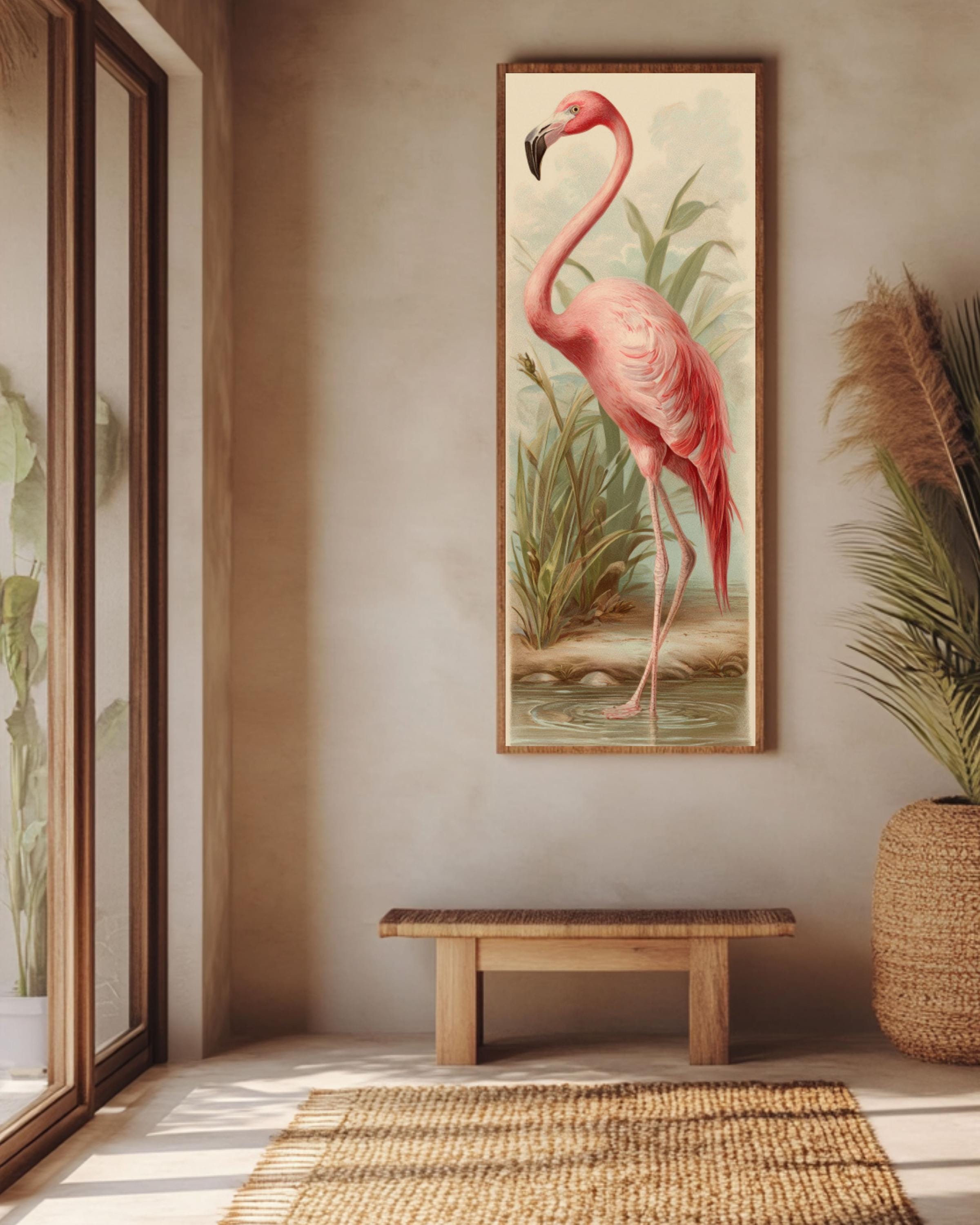 Vintage Flamingo Print: Chromolithograph Style Pastel Bird Art Canvas Wall Art – Modern Decor Print