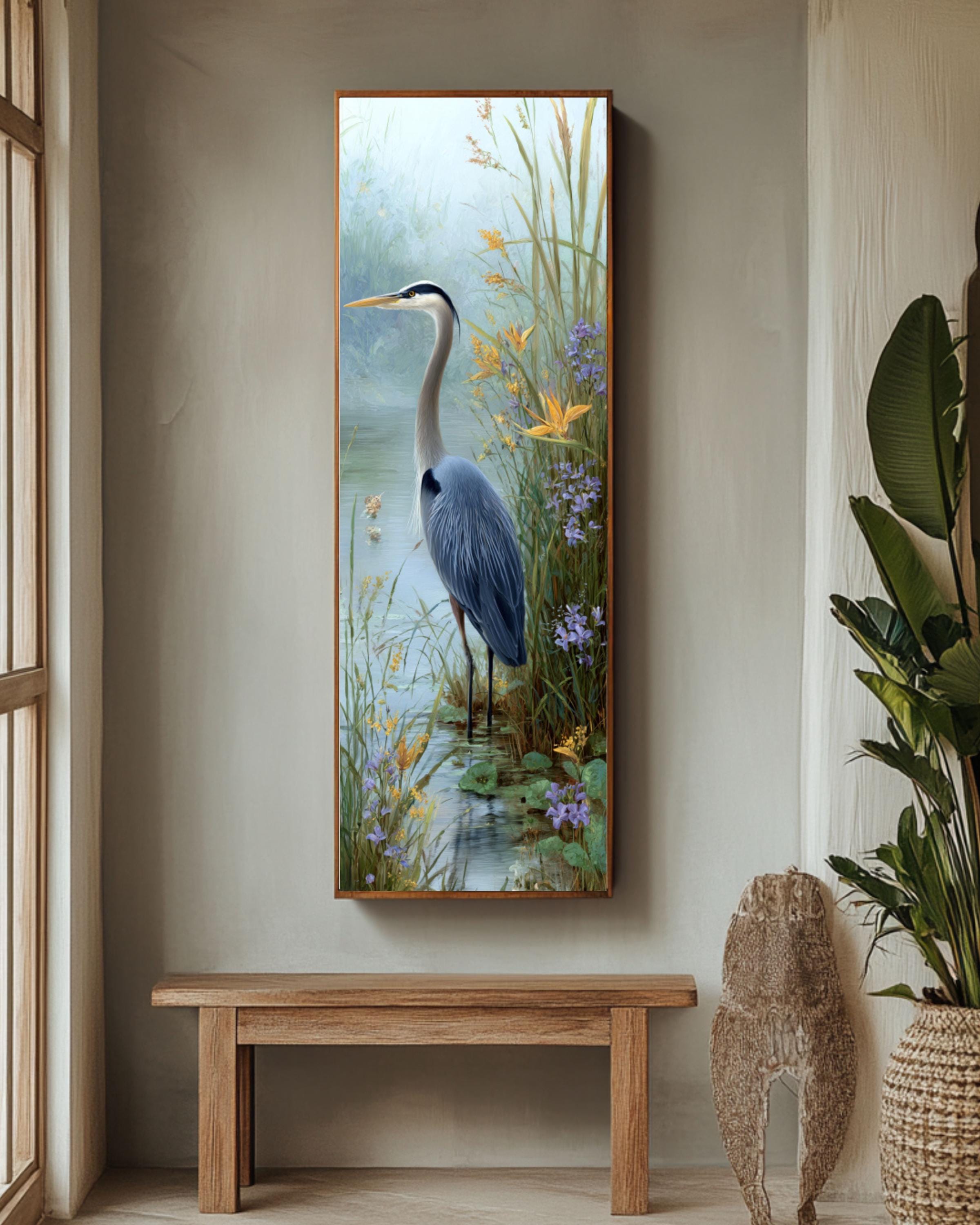 Blue Heron Art Print: Pastel Bird Portrait, Coastal Wall Decor Canvas Wall Art – Modern Decor Print