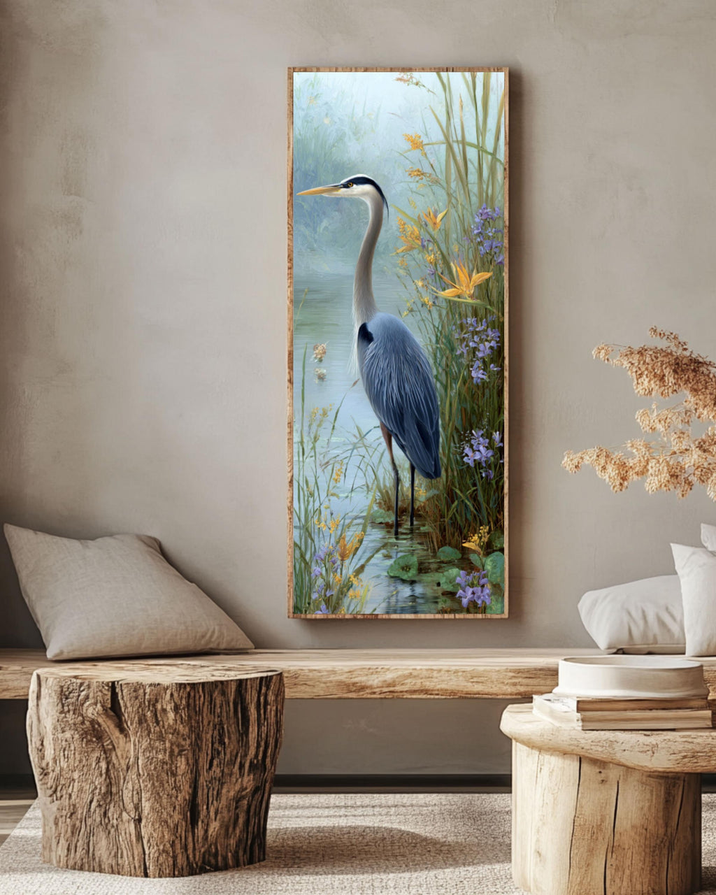 Blue Heron Art Print: Pastel Bird Portrait, Coastal Wall Decor Canvas Wall Art – Modern Decor Print