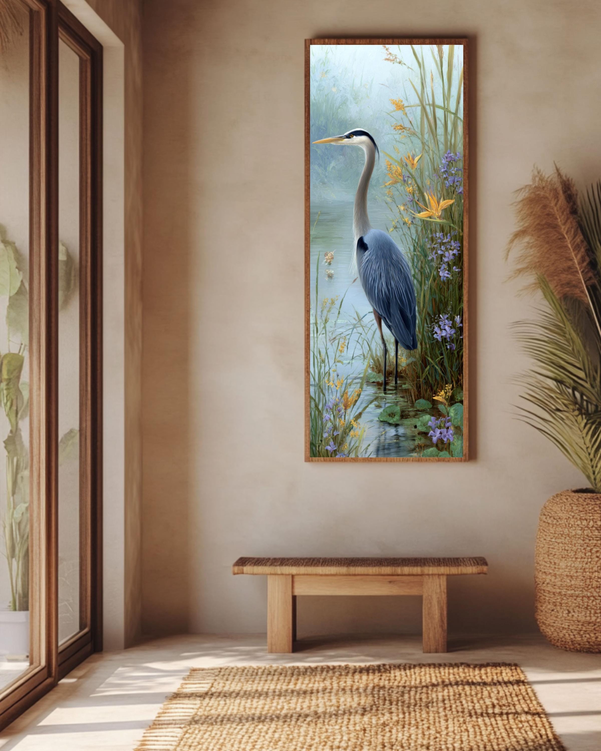 Blue Heron Art Print: Pastel Bird Portrait, Coastal Wall Decor Canvas Wall Art – Modern Decor Print