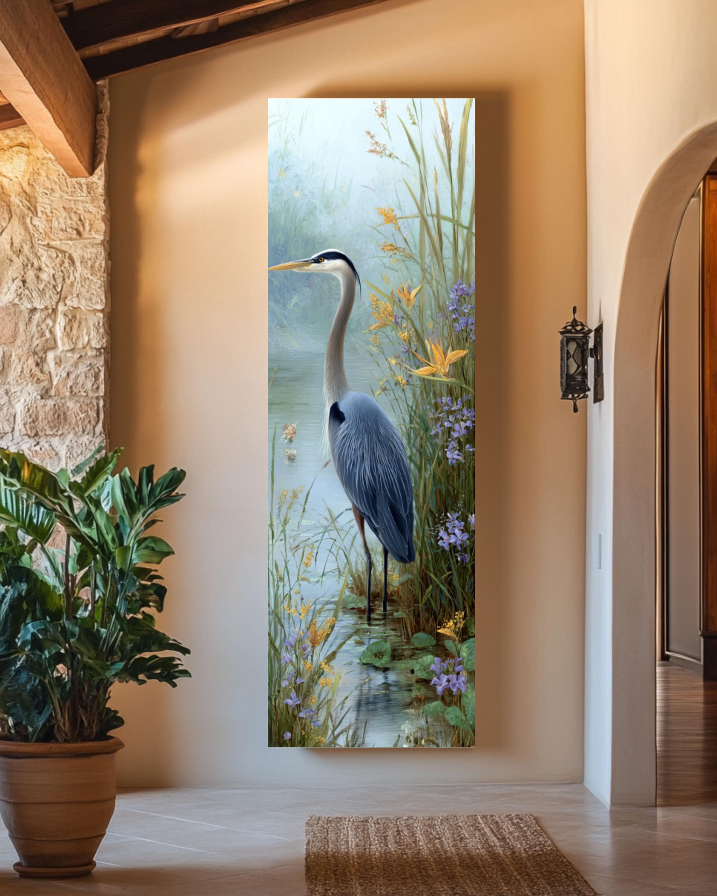 Blue Heron Art Print: Pastel Bird Portrait, Coastal Wall Decor Canvas Wall Art – Modern Decor Print