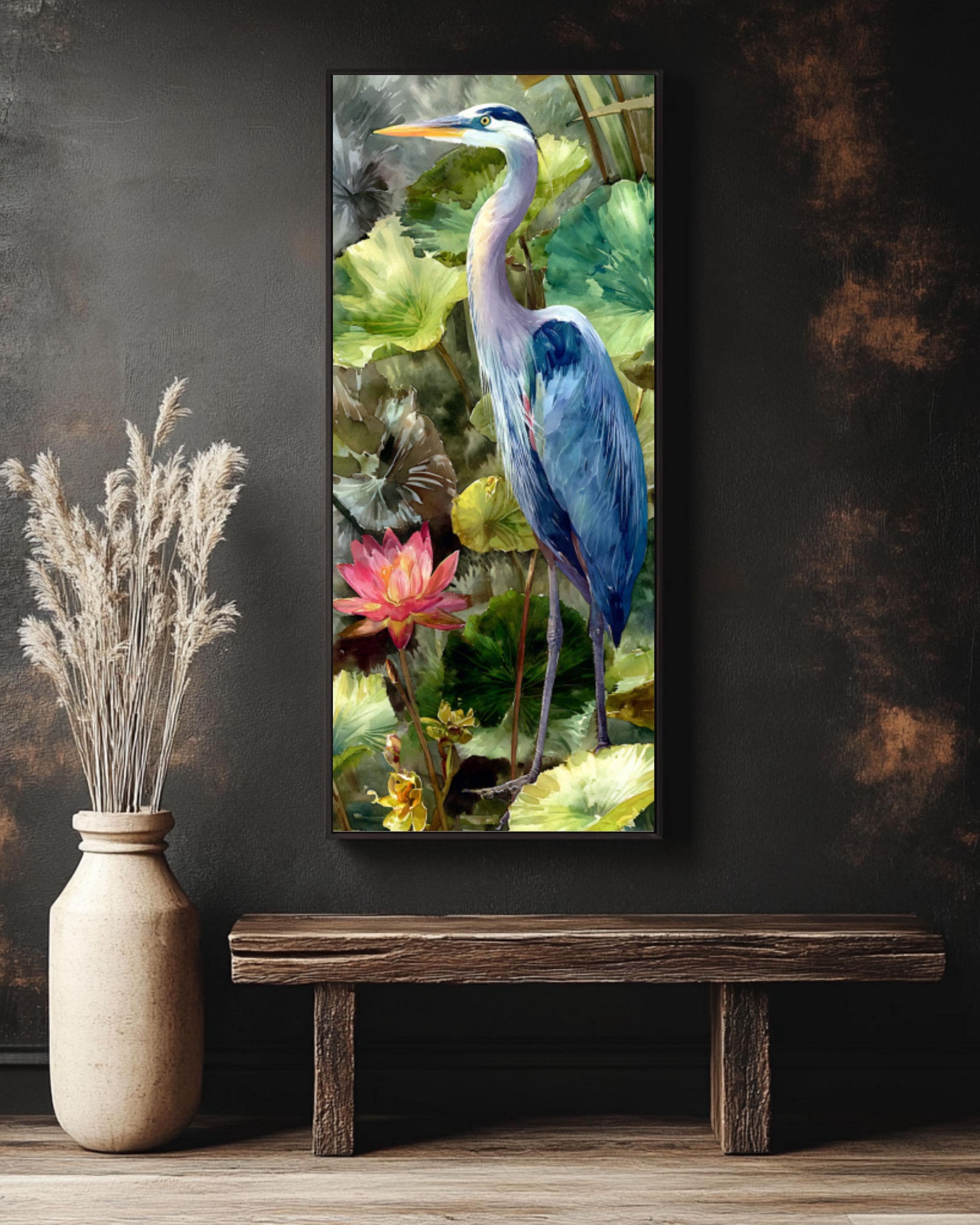 Blue Heron Lotus Pond Art: Realistic Nature Wall Print Canvas Wall Art – Modern Decor Print