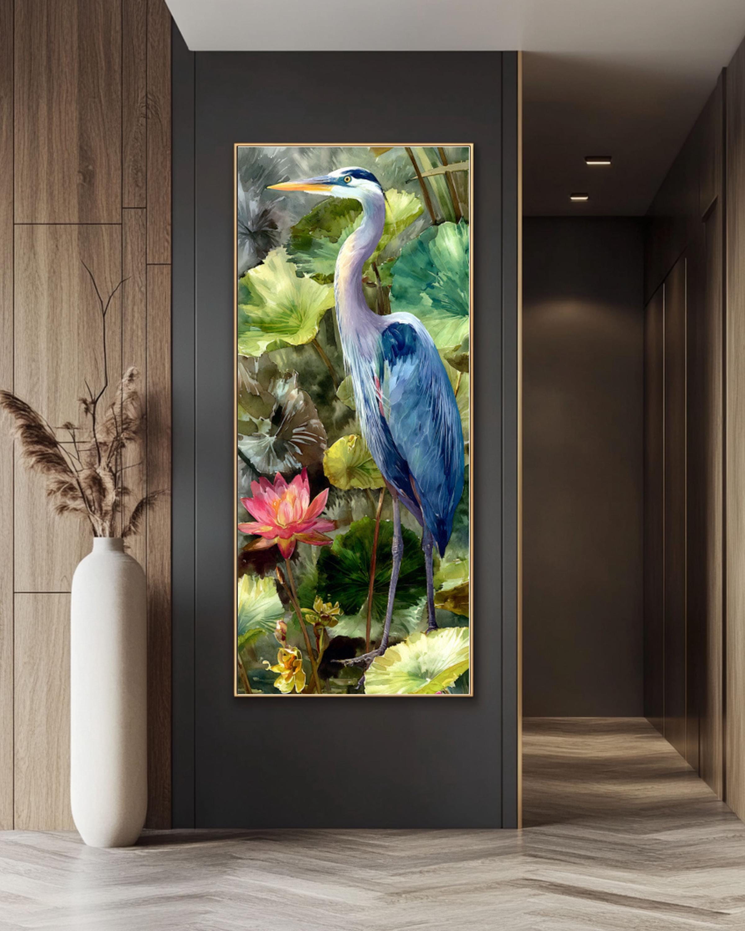 Blue Heron Lotus Pond Art: Realistic Nature Wall Print Canvas Wall Art – Modern Decor Print