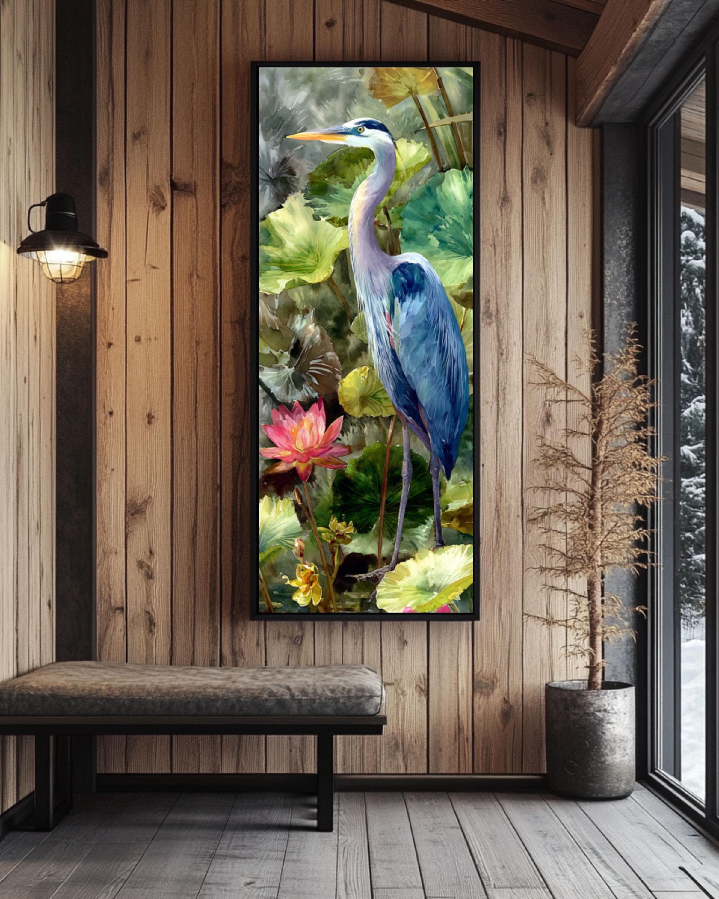 Blue Heron Lotus Pond Art: Realistic Nature Wall Print Canvas Wall Art – Modern Decor Print
