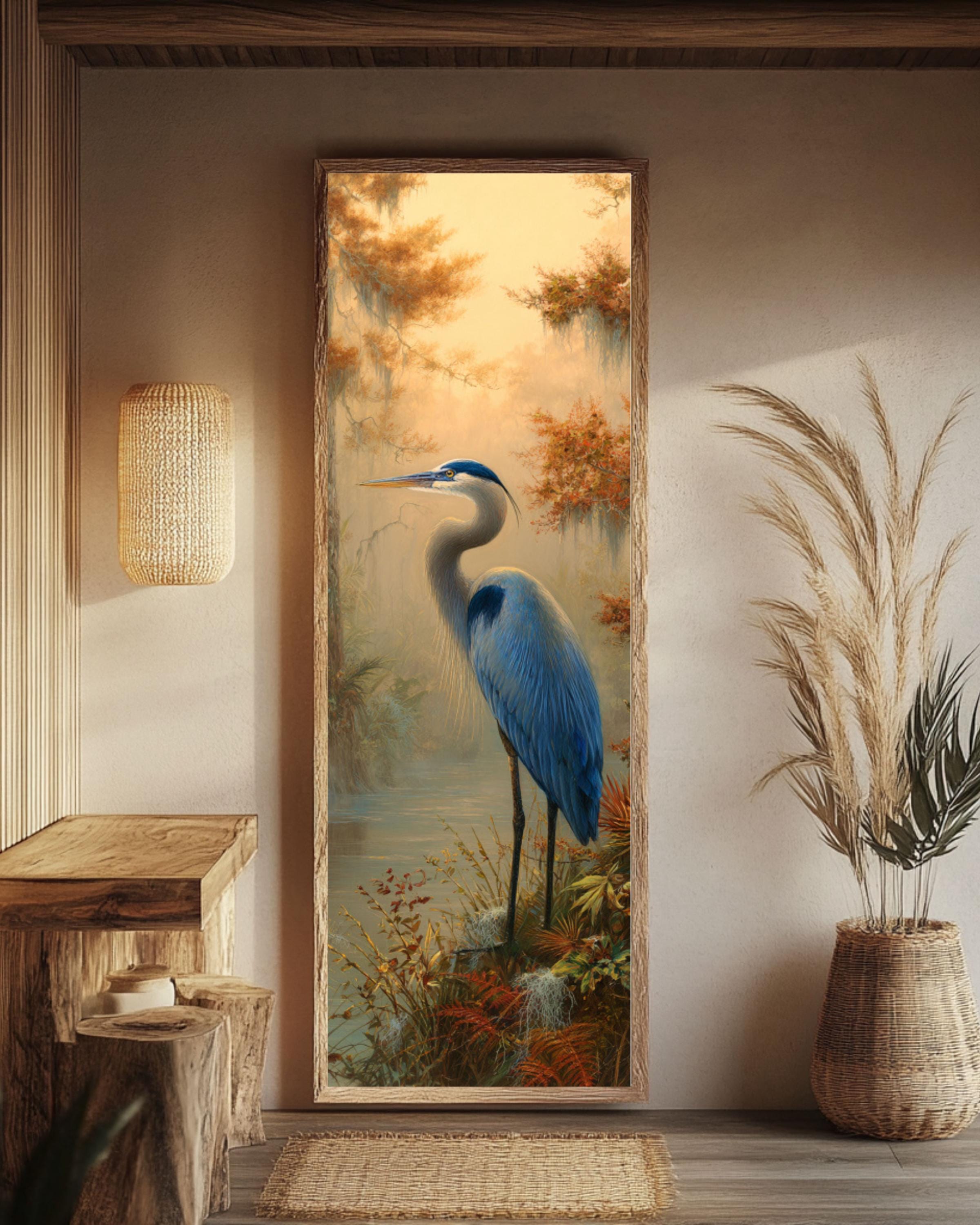 Blue Heron Swamp Art: Florida Wetlands Illustration - Sarnoff & Kinkade Style Canvas Wall Art – Modern Decor Print