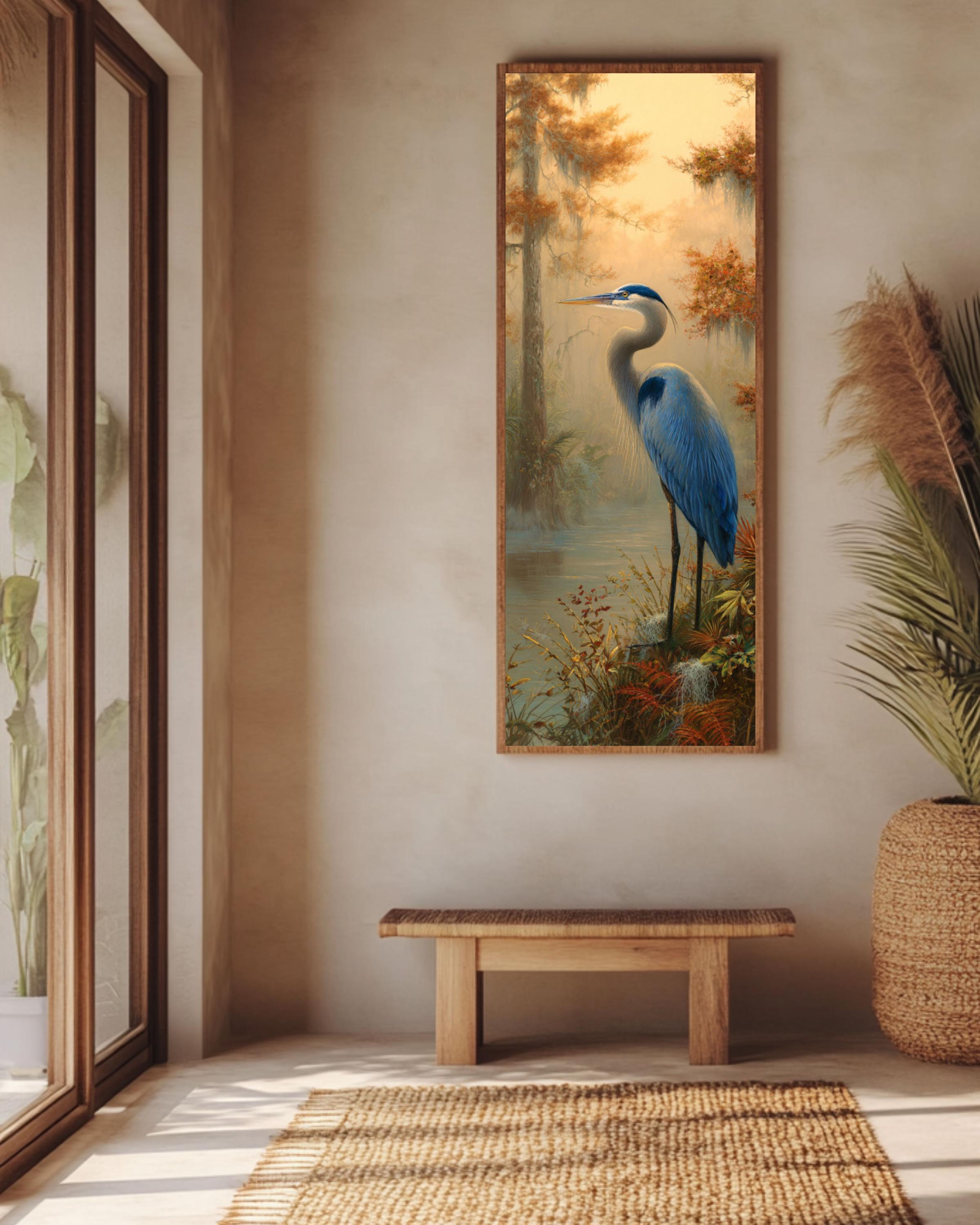 Blue Heron Swamp Art: Florida Wetlands Illustration - Sarnoff & Kinkade Style Canvas Wall Art – Modern Decor Print