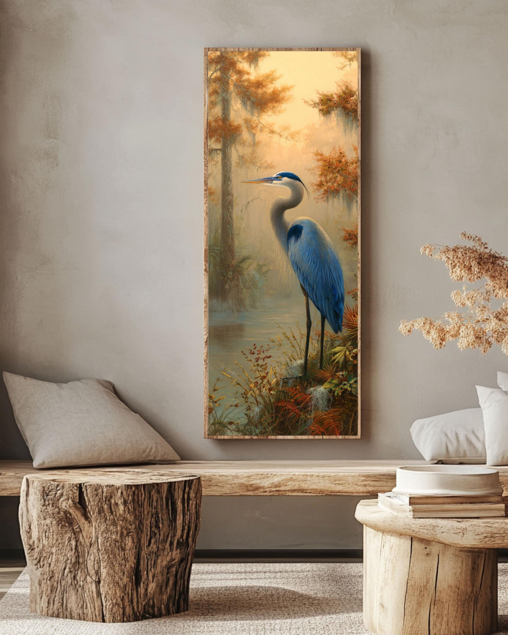 Blue Heron Swamp Art: Florida Wetlands Illustration - Sarnoff & Kinkade Style Canvas Wall Art – Modern Decor Print