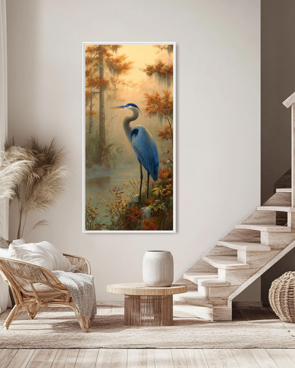 Blue Heron Swamp Art: Florida Wetlands Illustration - Sarnoff & Kinkade Style Canvas Wall Art – Modern Decor Print
