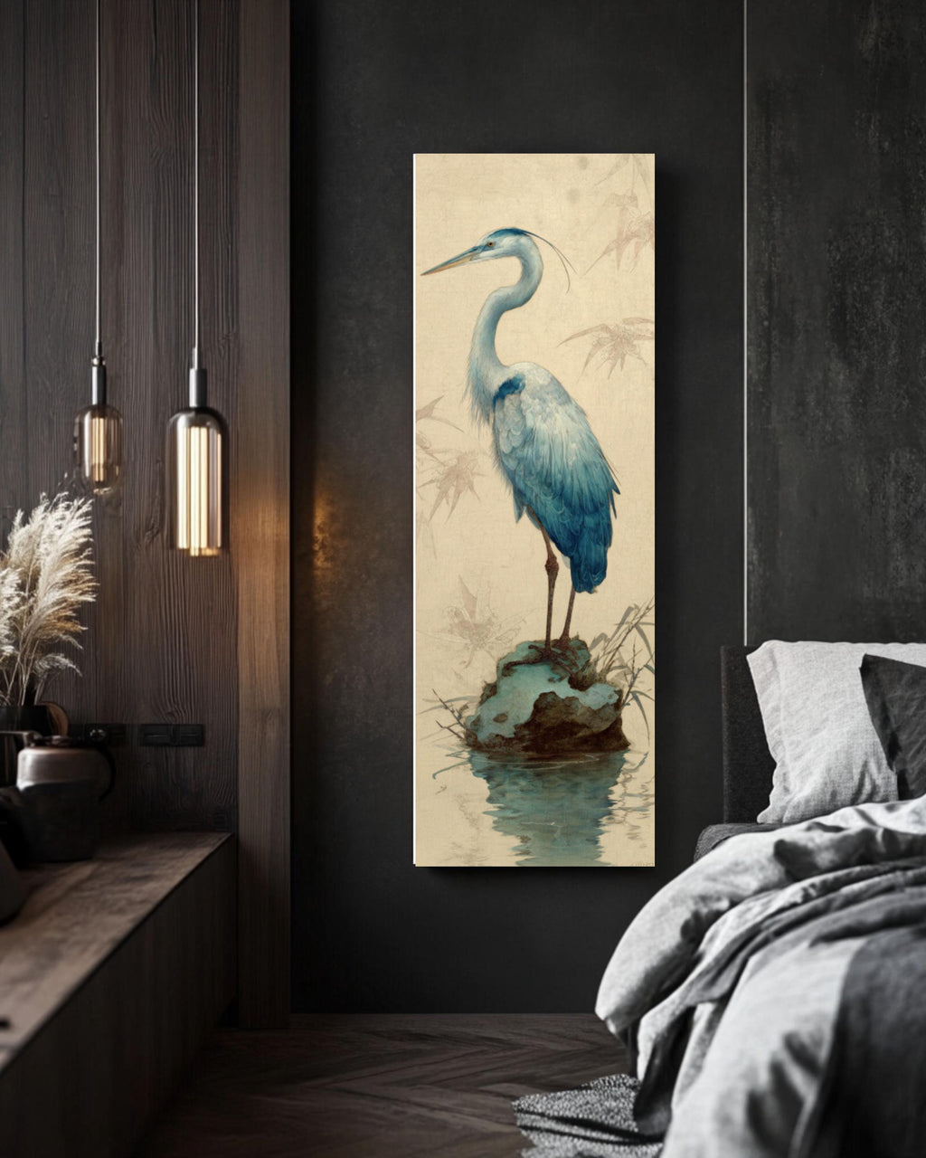 Blue Heron Japanese Art Print: Nature-Inspired Wall Decor Canvas Wall Art – Modern Decor Print