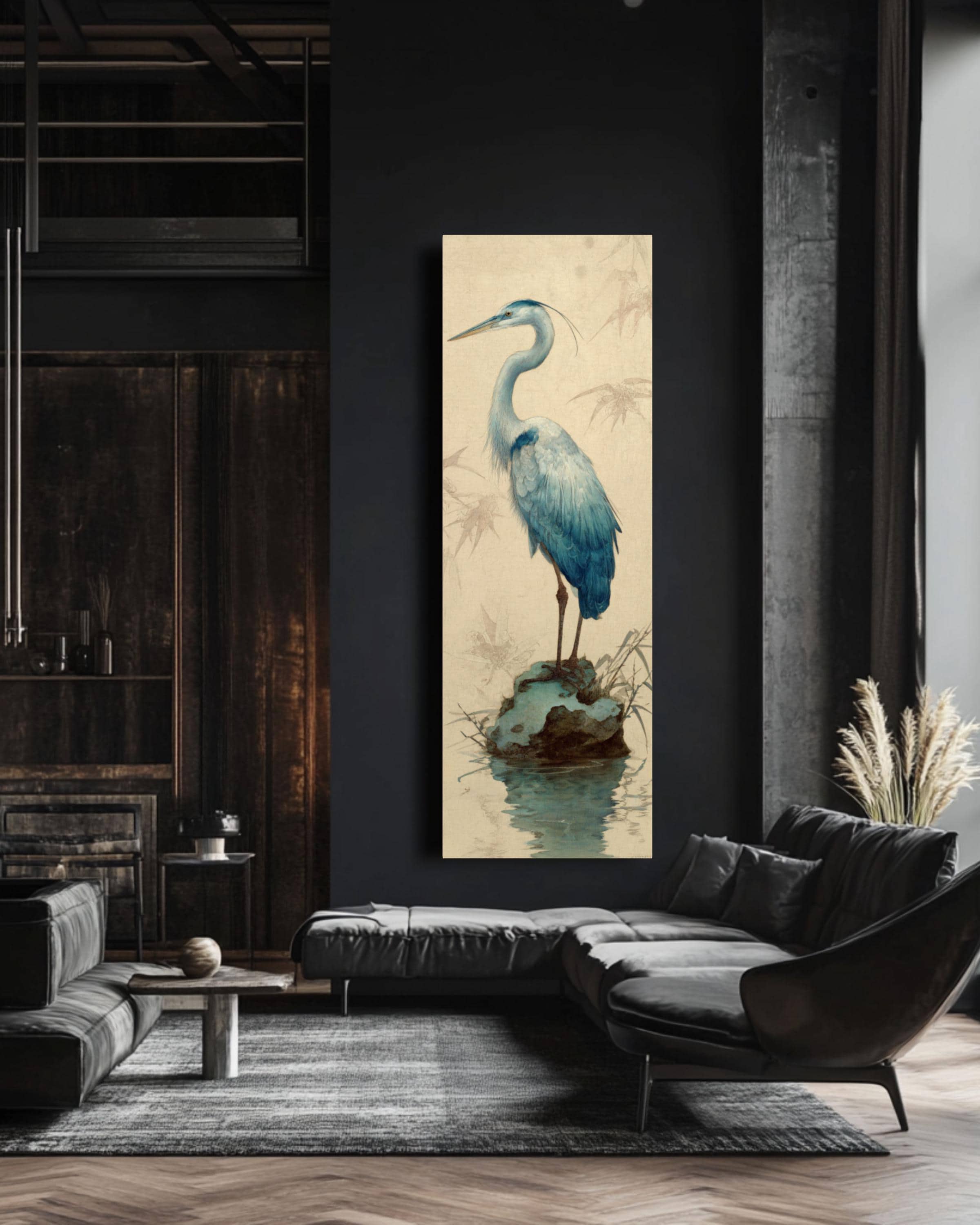 Blue Heron Japanese Art Print: Nature-Inspired Wall Decor Canvas Wall Art – Modern Decor Print