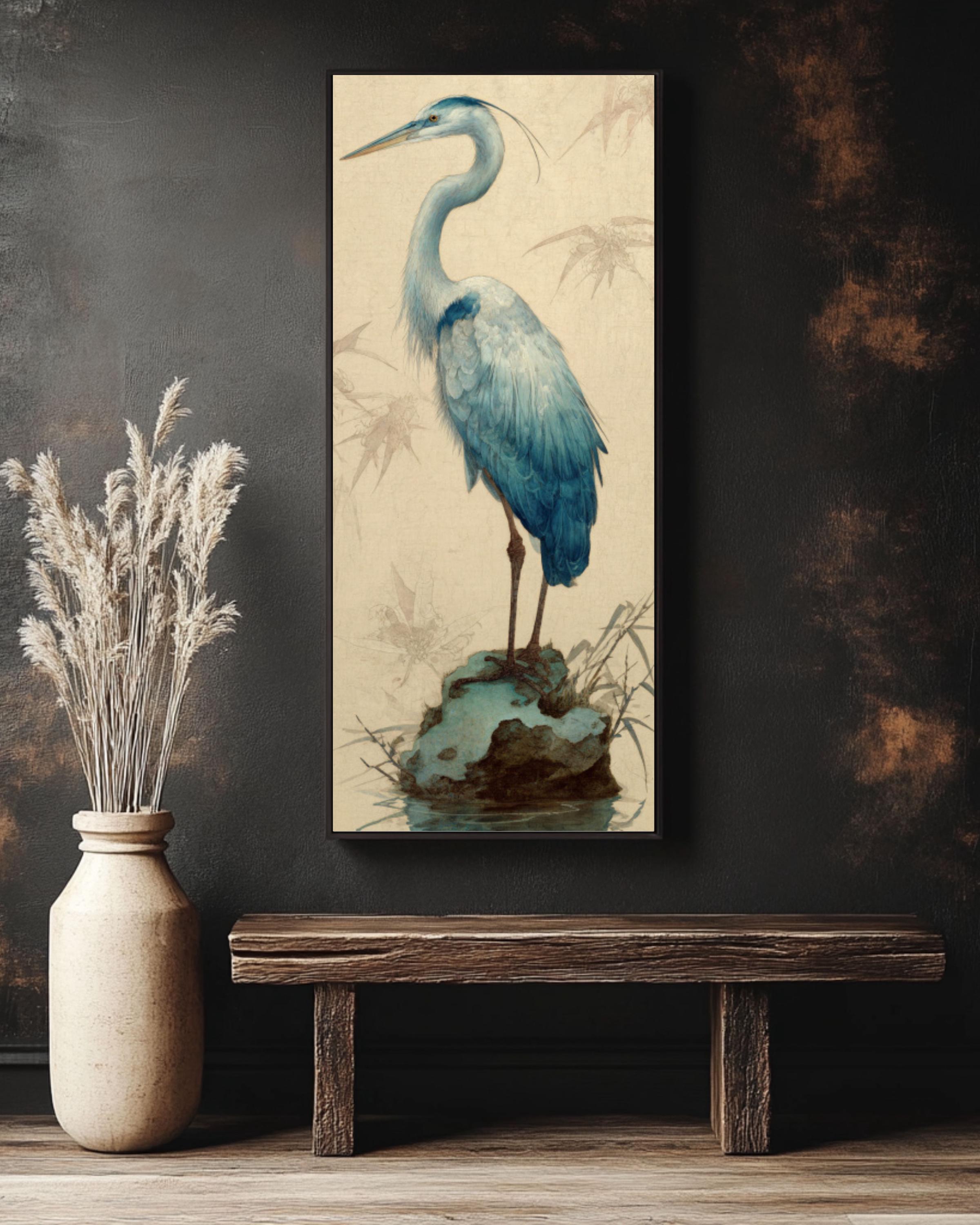Blue Heron Japanese Art Print: Nature-Inspired Wall Decor Canvas Wall Art – Modern Decor Print