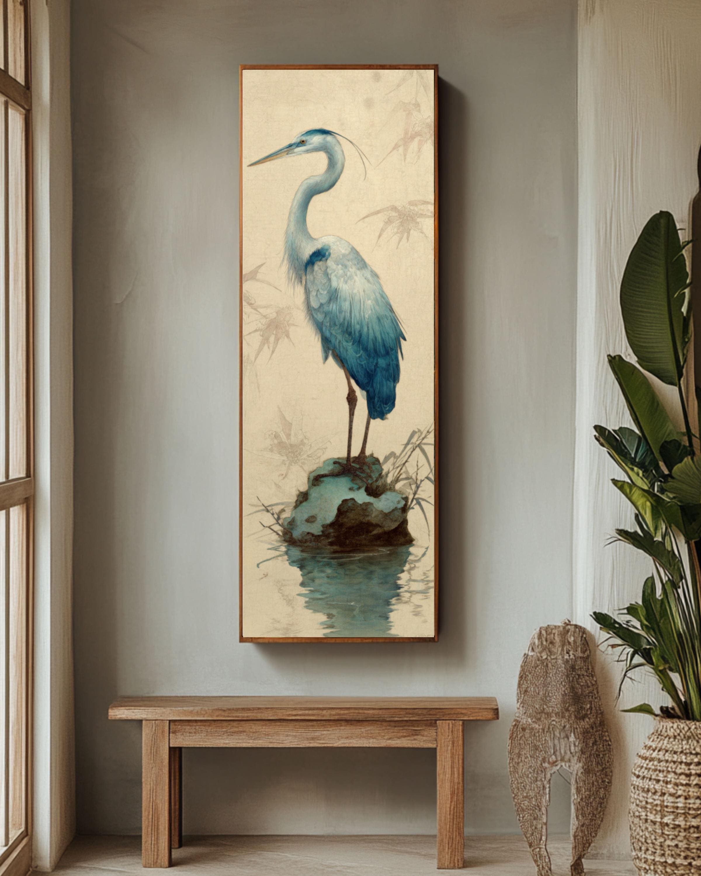 Blue Heron Japanese Art Print: Nature-Inspired Wall Decor Canvas Wall Art – Modern Decor Print