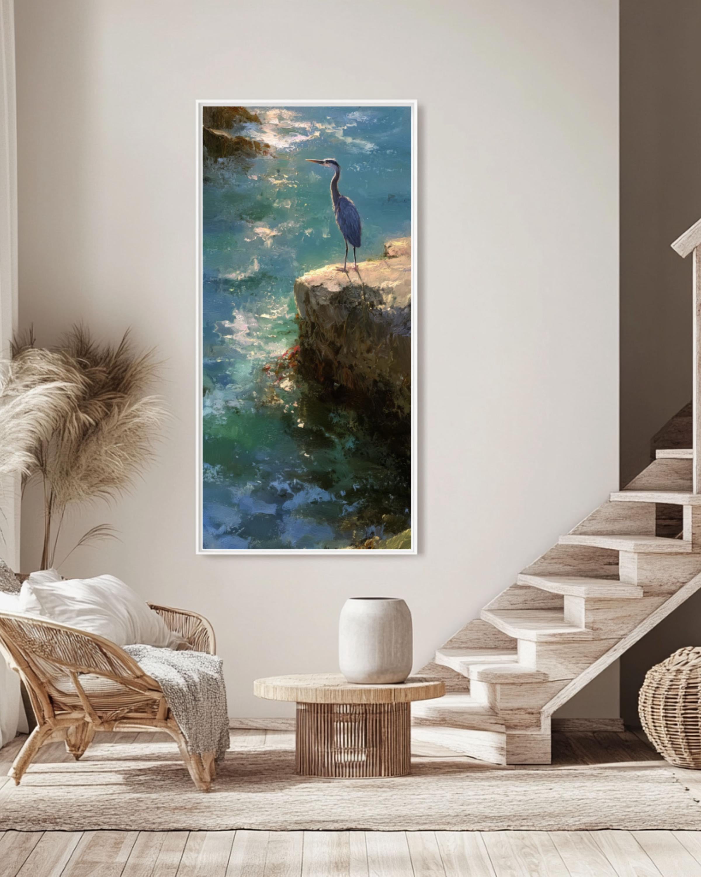 Blue Heron Coastal Art Print: Kinkade & Sargent Style Ocean Painting Canvas Wall Art – Modern Decor Print