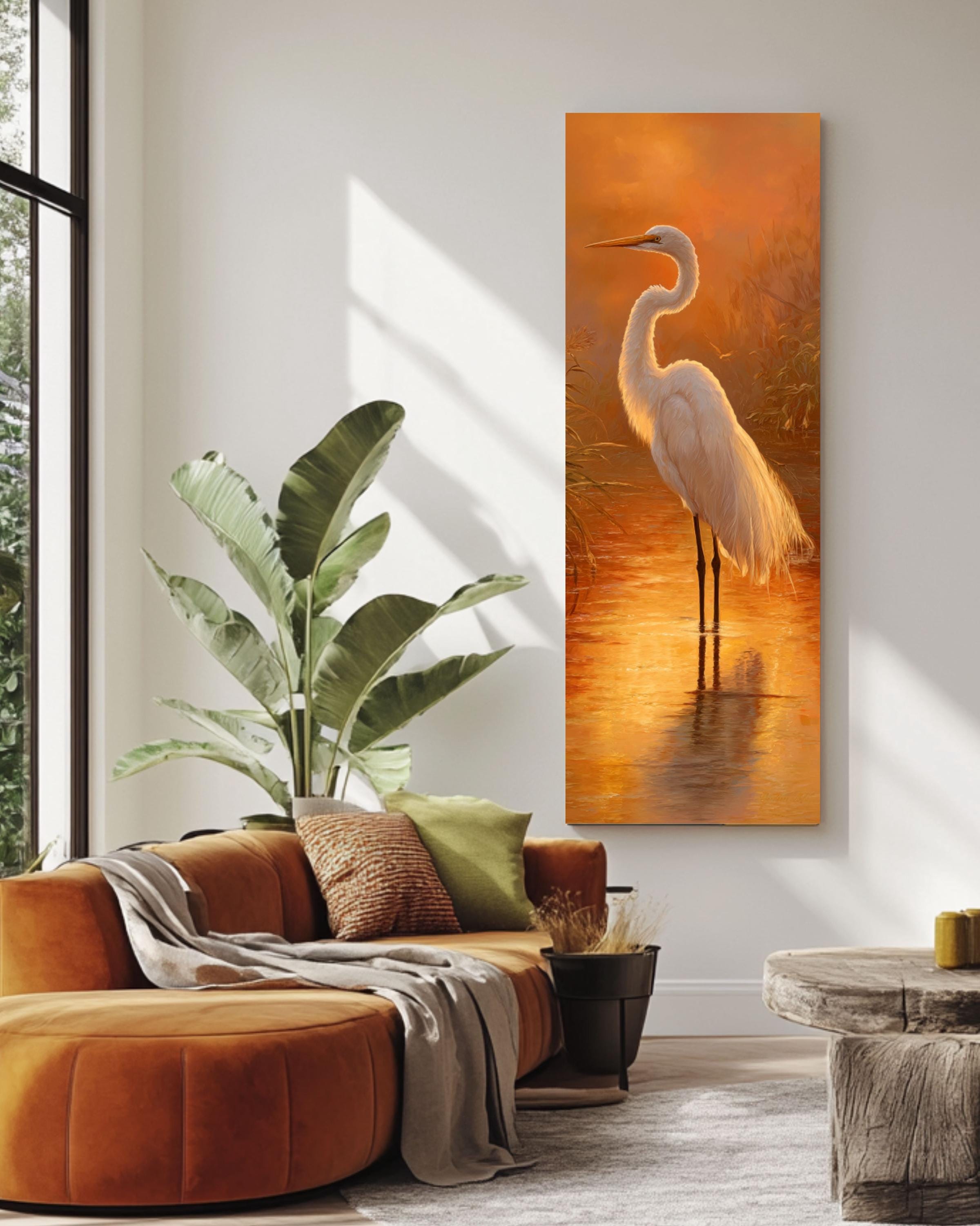 Egret at Golden Hour Print: Kinkade Style Nature Art Canvas Wall Art – Modern Decor Print