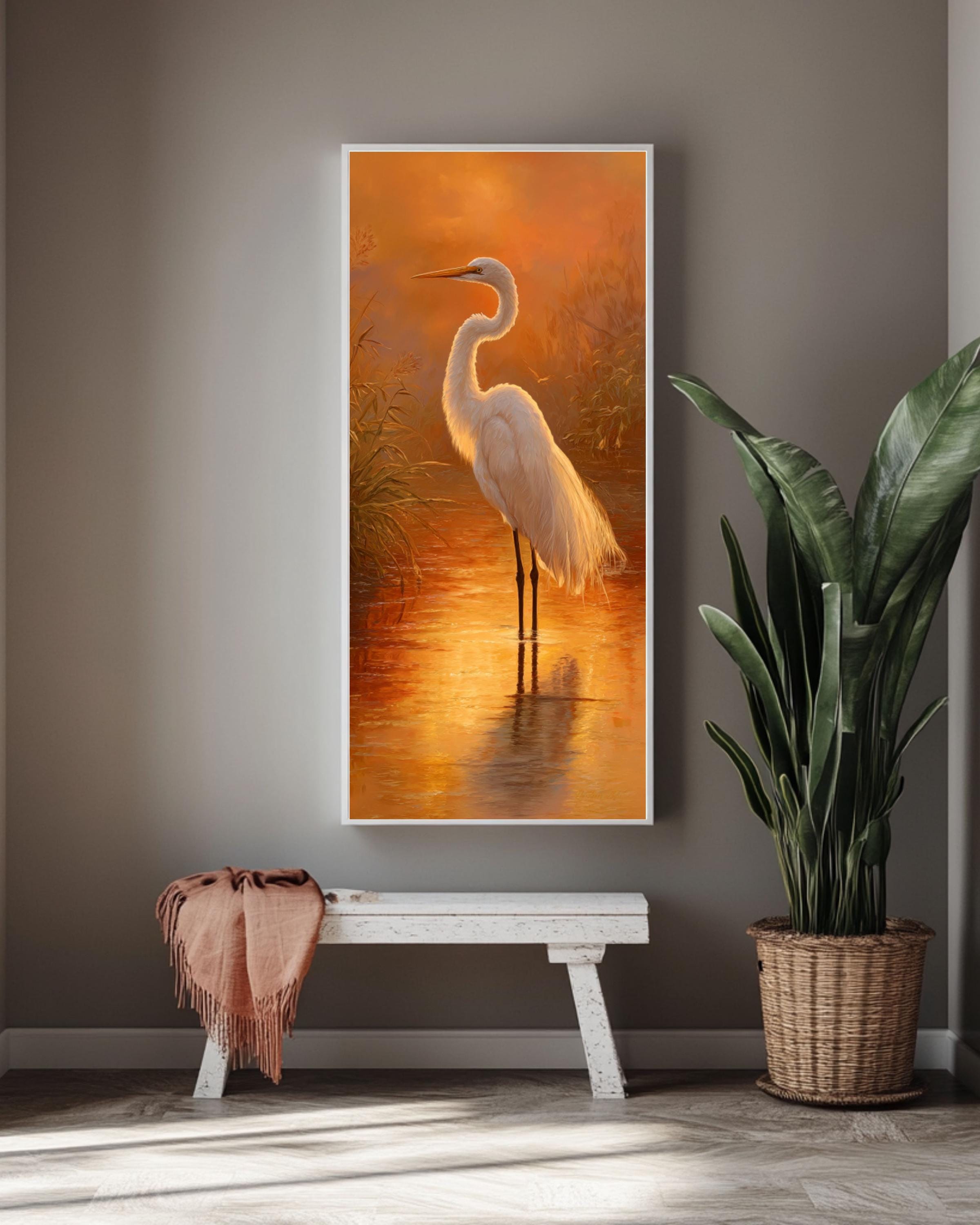 Egret at Golden Hour Print: Kinkade Style Nature Art Canvas Wall Art – Modern Decor Print