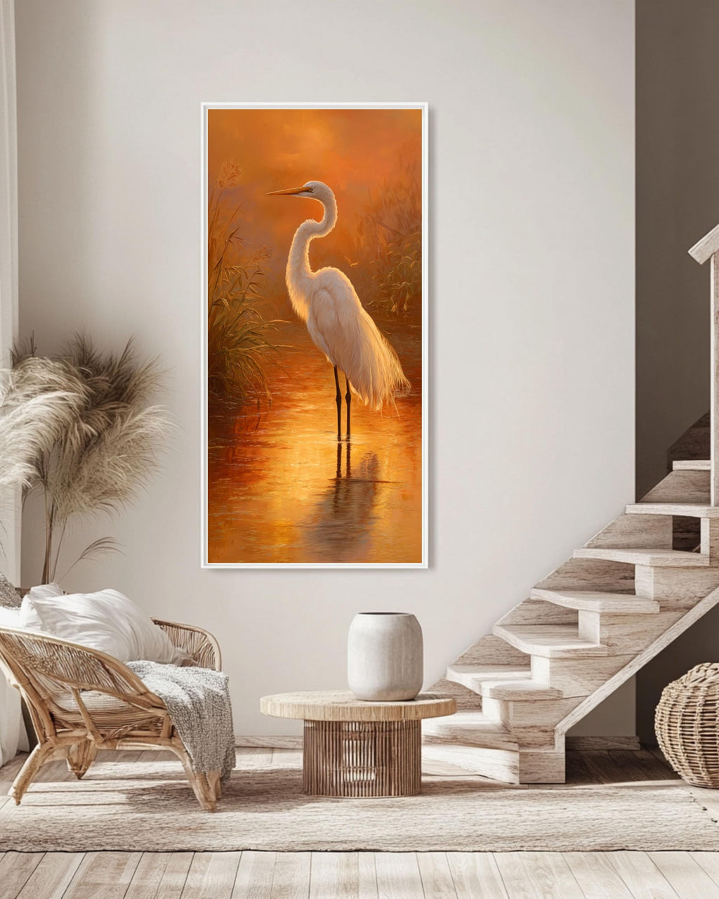 Egret at Golden Hour Print: Kinkade Style Nature Art Canvas Wall Art – Modern Decor Print