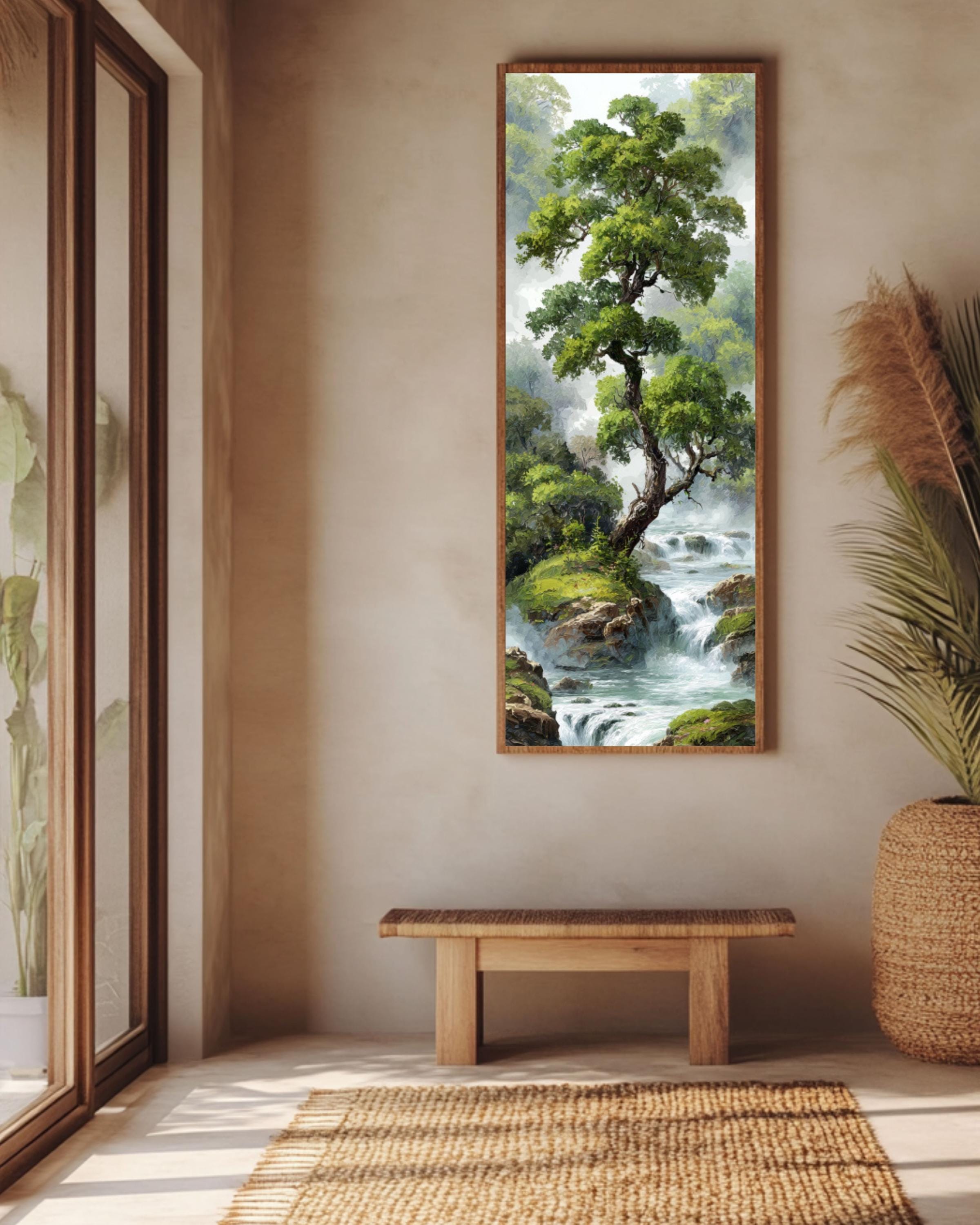 Chinese Waterfall Landscape Art: Misty Forest Zen Print Canvas Wall Art – Modern Decor Print
