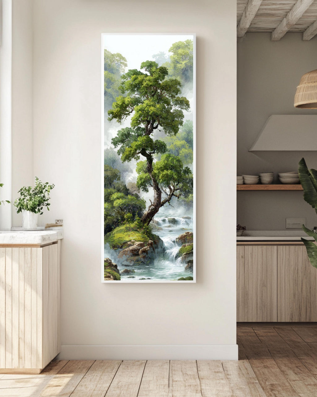 Chinese Waterfall Landscape Art: Misty Forest Zen Print Canvas Wall Art – Modern Decor Print