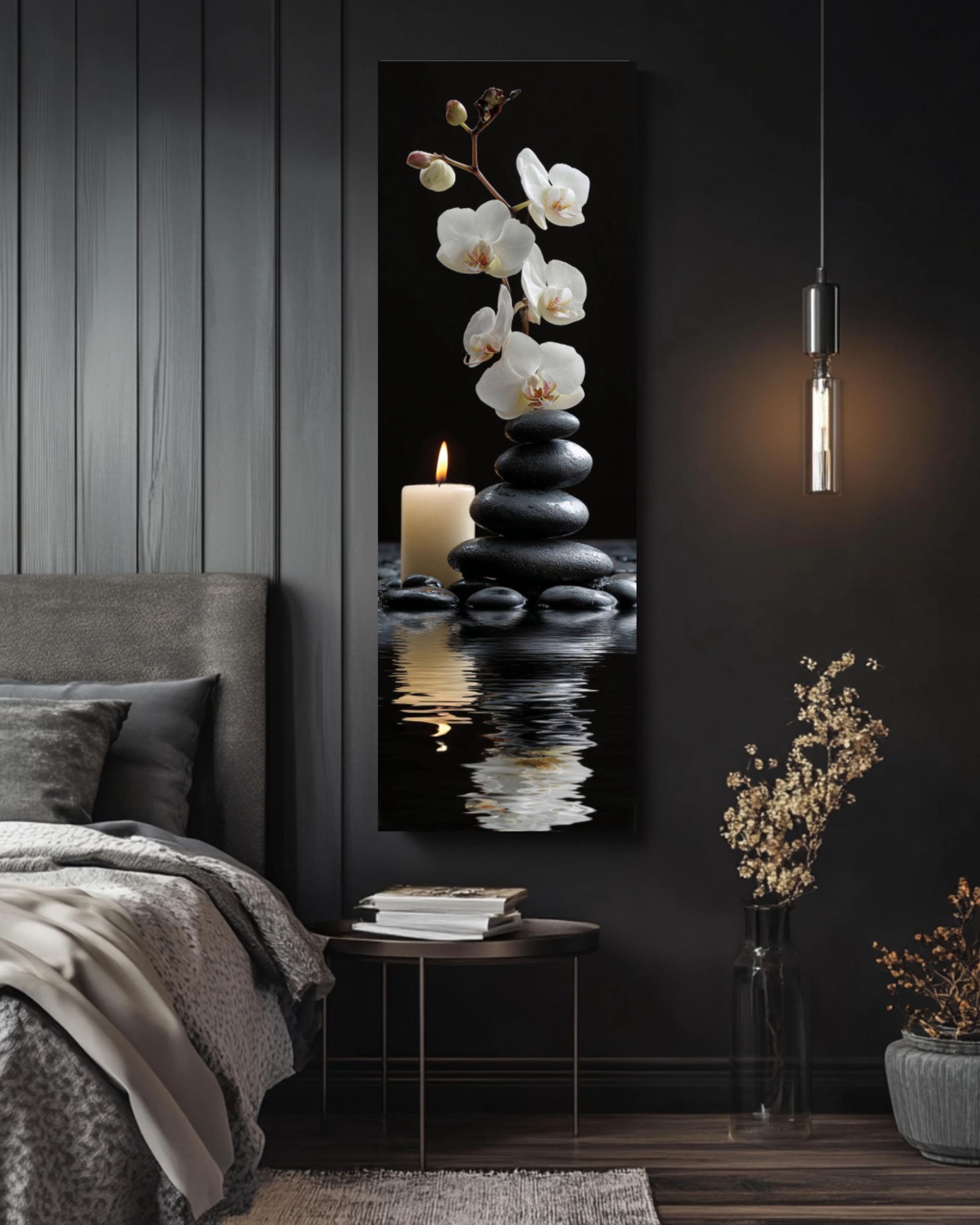 Zen Stones & Orchid Print: Tranquil Meditation Art Canvas Wall Art – Modern Decor Print