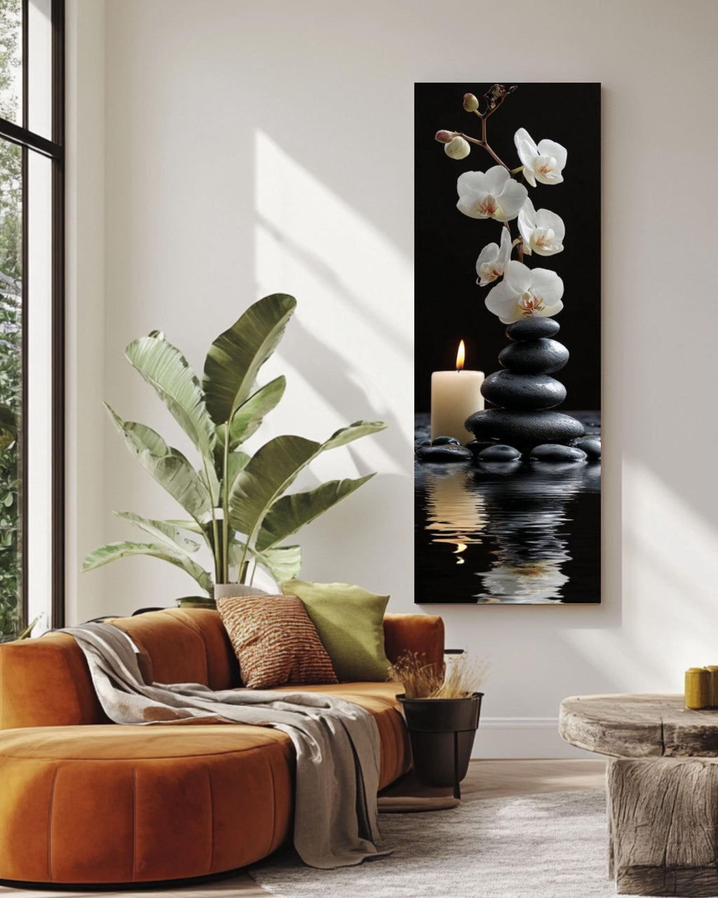 Zen Stones & Orchid Print: Tranquil Meditation Art Canvas Wall Art – Modern Decor Print