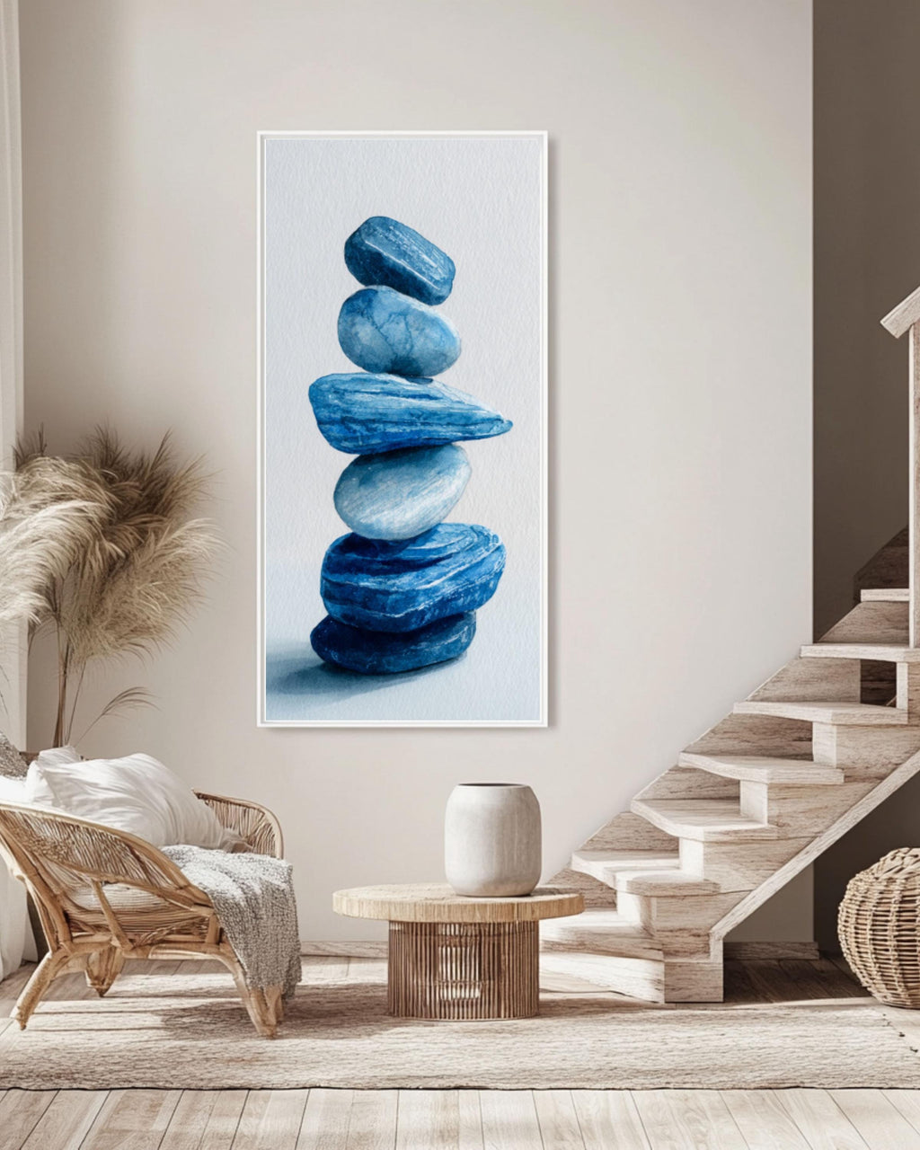 Stacked Stones Watercolor Art: Calming Zen Print for Meditation Canvas Wall Art – Modern Decor Print