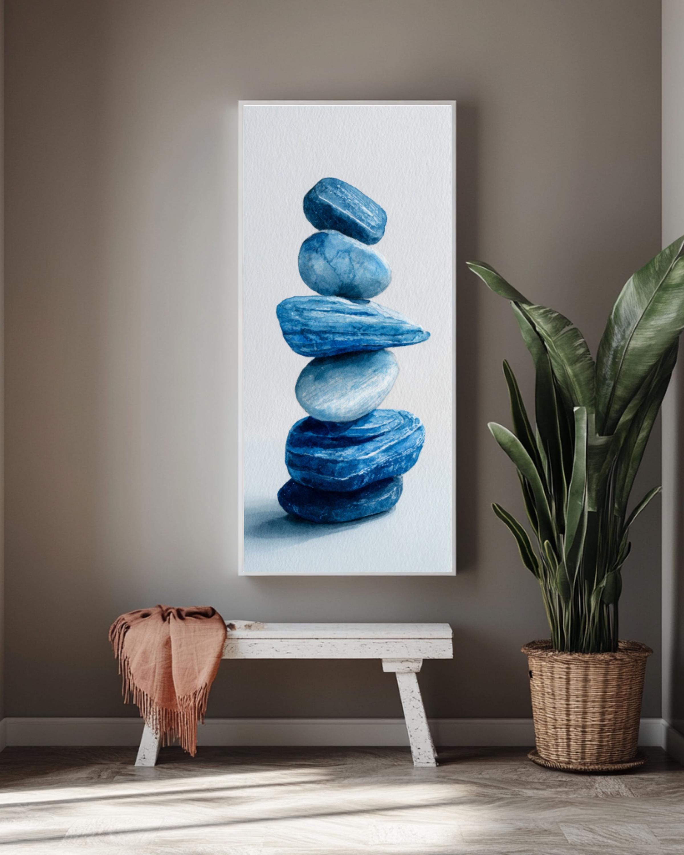 Stacked Stones Watercolor Art: Calming Zen Print for Meditation Canvas Wall Art – Modern Decor Print