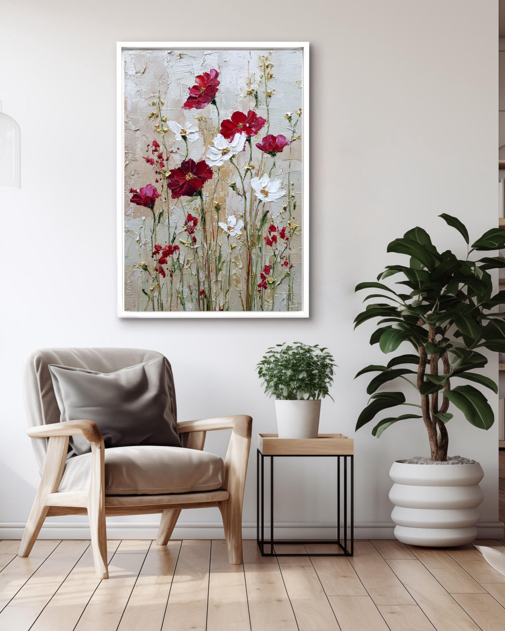 Abstract Wildflower Canvas Art: Beige, Red & White Floral Print Canvas Wall Art – Modern Decor Print
