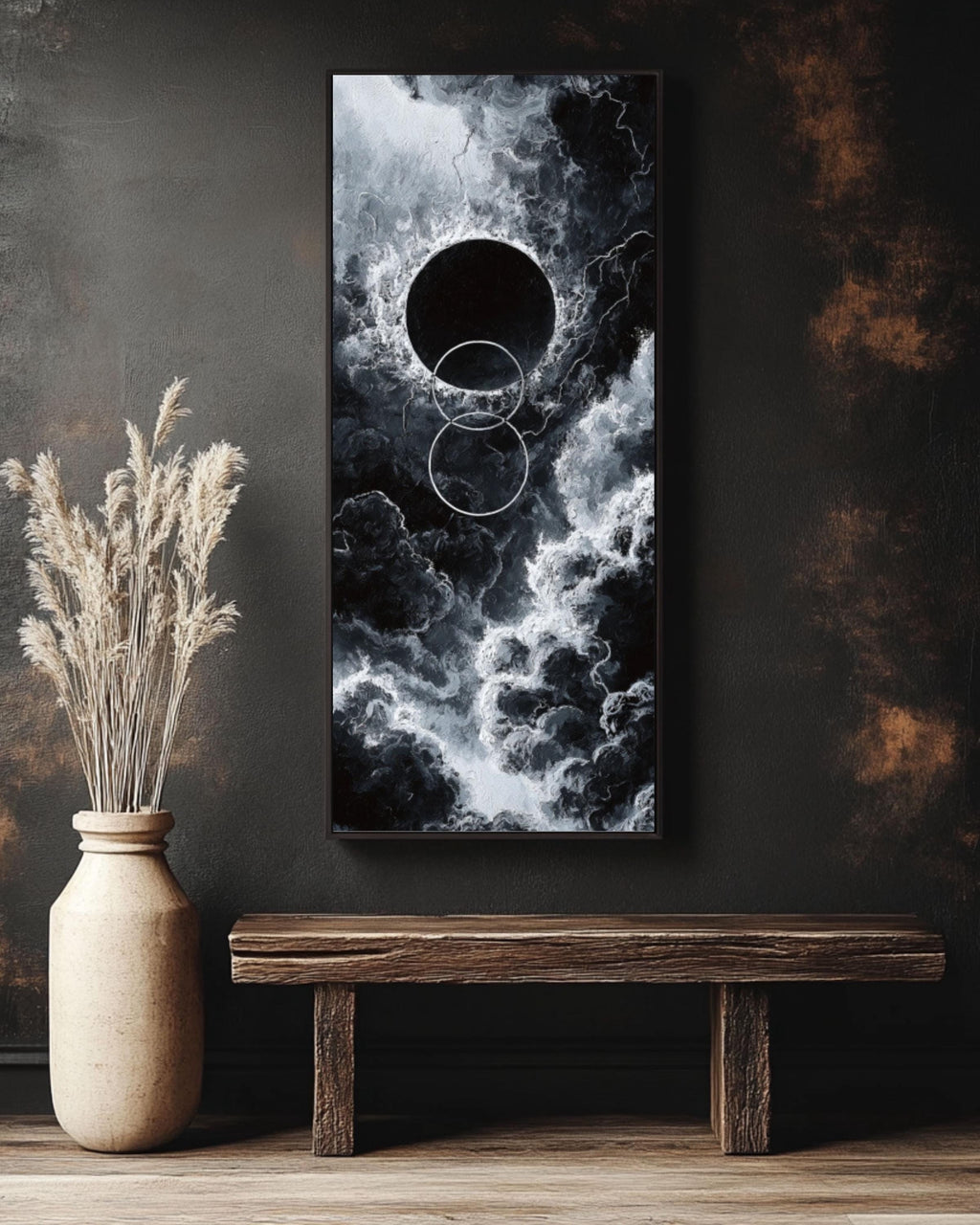 Black Hole Abstract Art Print: Dark Cosmic Oil Painting Style Canvas Wall Art – Modern Decor Print