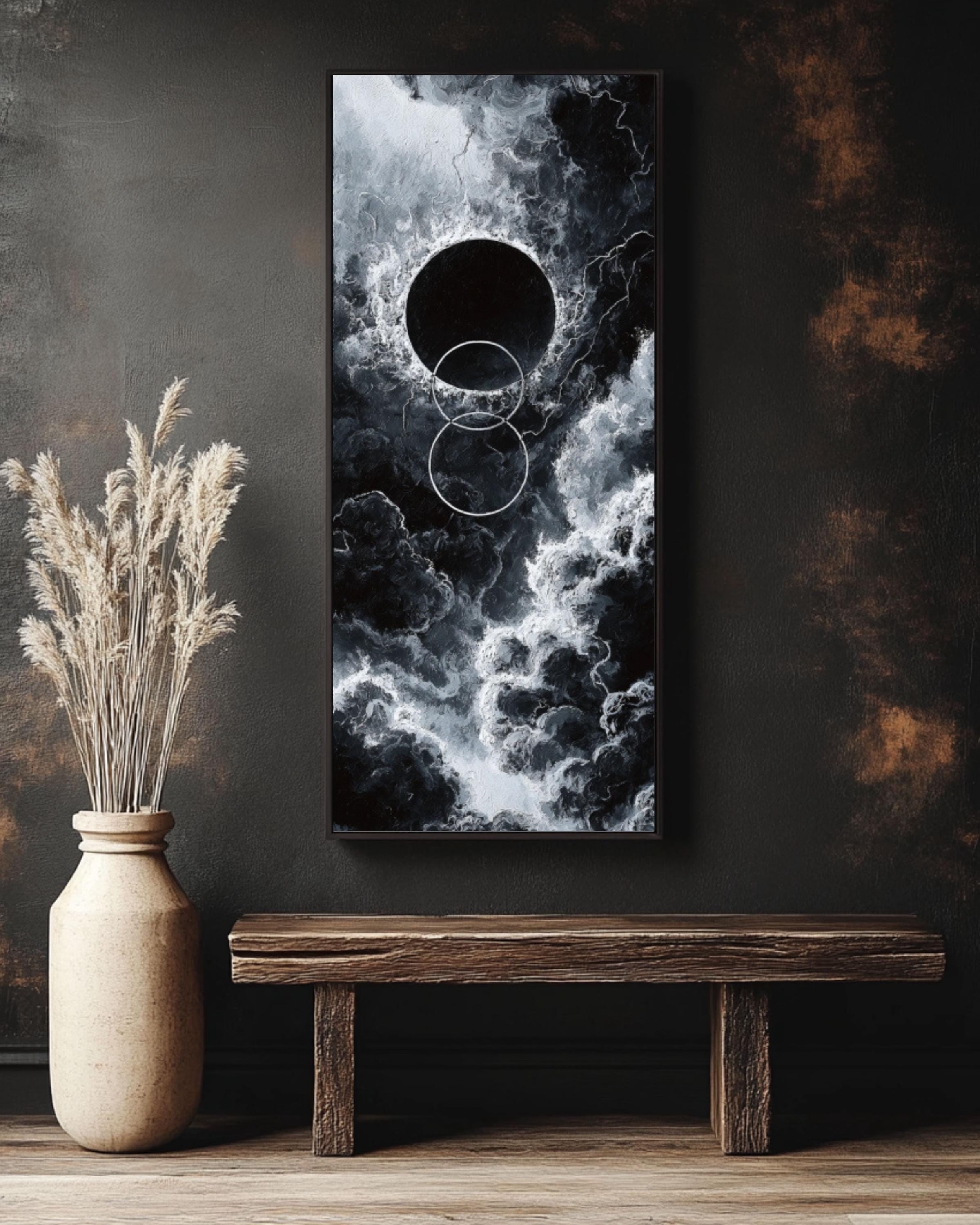 Black Hole Abstract Art Print: Dark Cosmic Oil Painting Style Canvas Wall Art – Modern Decor Print
