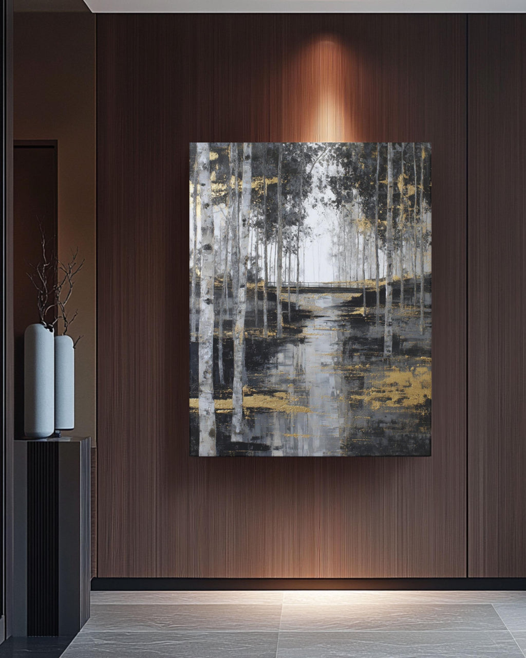 Abstract Birch Tree Forest Art: Gold Accent Landscape Print Canvas Wall Art – Modern Decor Print