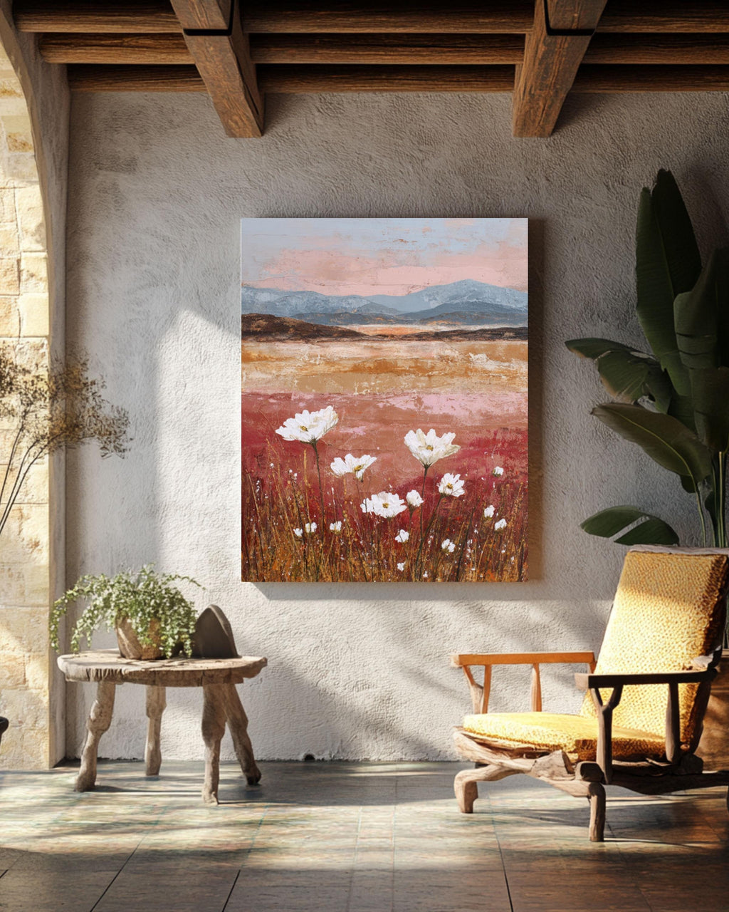 Abstract Wildflower Sunset Art Print: Textured Mixed Media Landscape Canvas Wall Art – Modern Decor Print