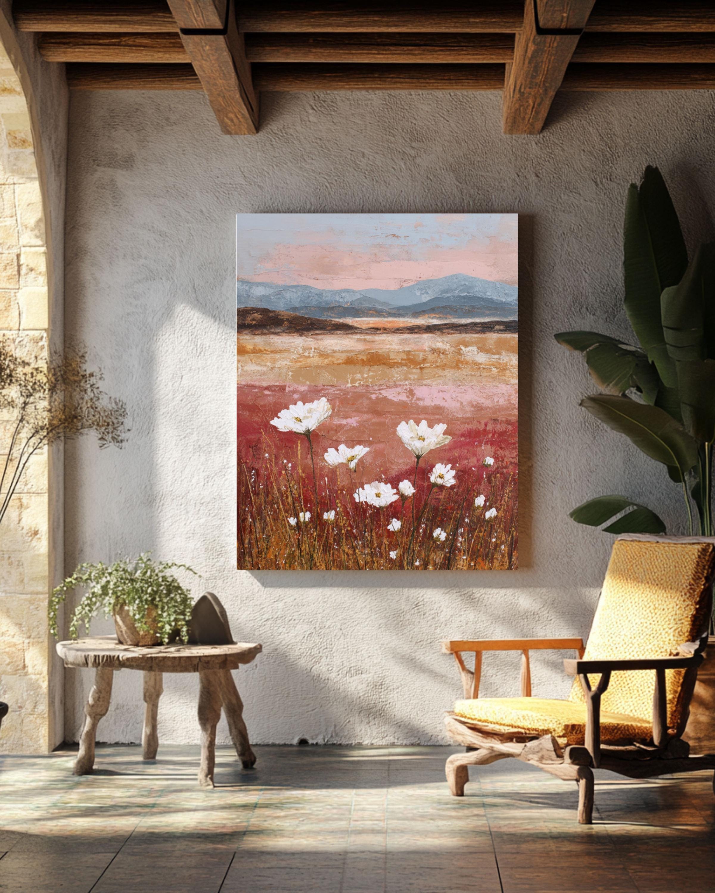 Abstract Wildflower Sunset Art Print: Textured Mixed Media Landscape Canvas Wall Art – Modern Decor Print