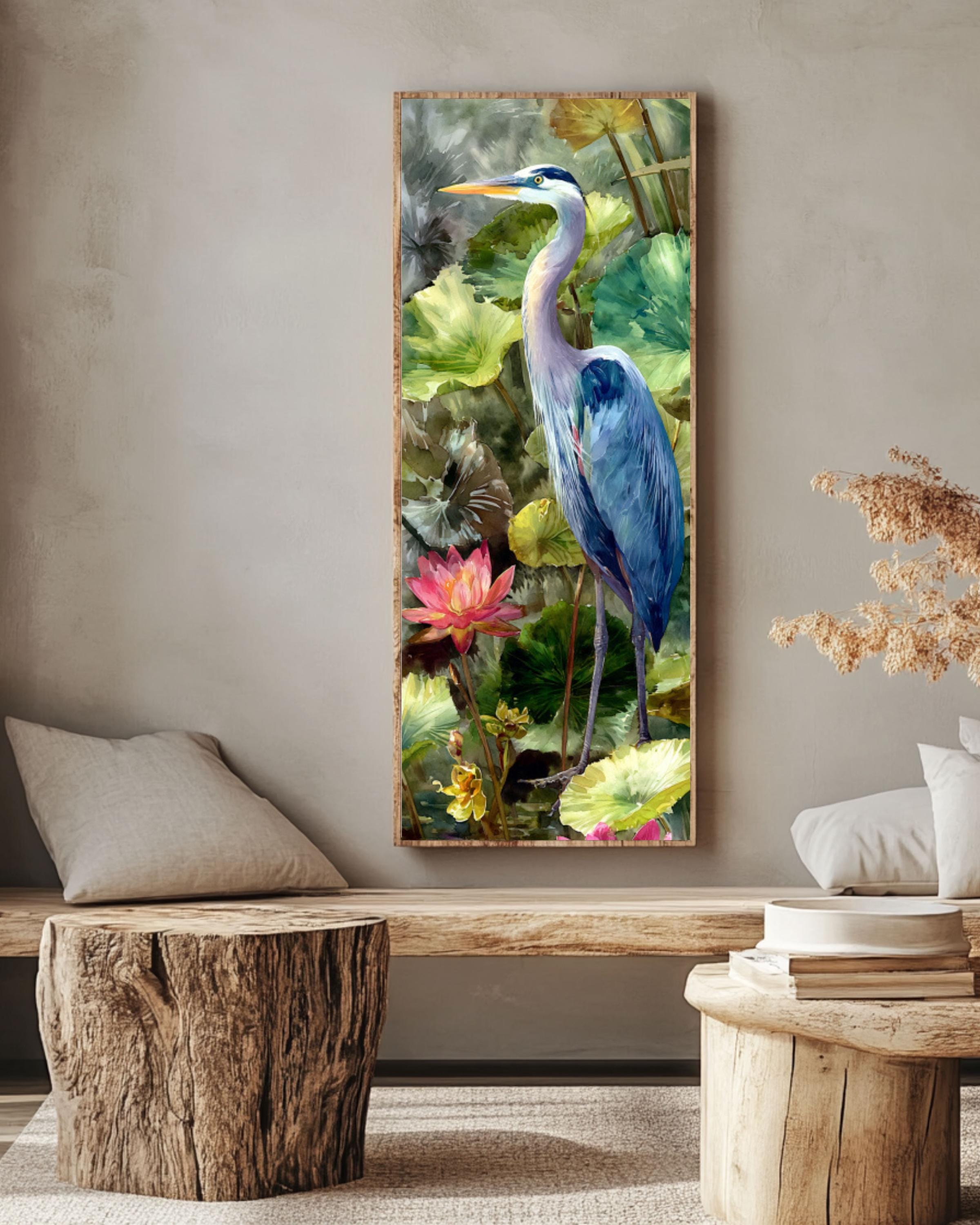 Blue Heron Lotus Pond Art: Realistic Nature Wall Print Canvas Wall Art – Modern Decor Print