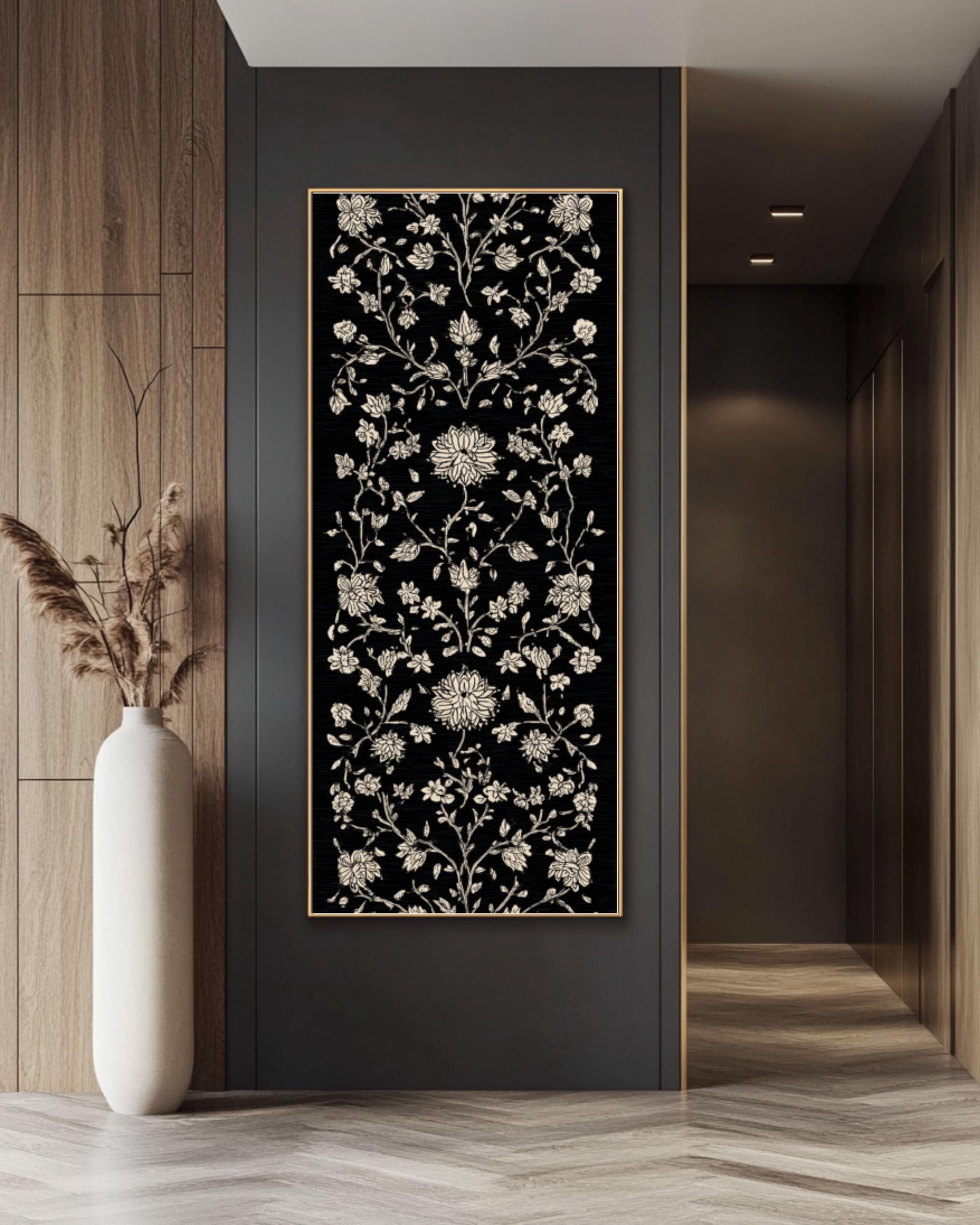 Batik Floral Vine Art Print: White on Black Botanical Pattern Canvas Wall Art – Modern Decor Print