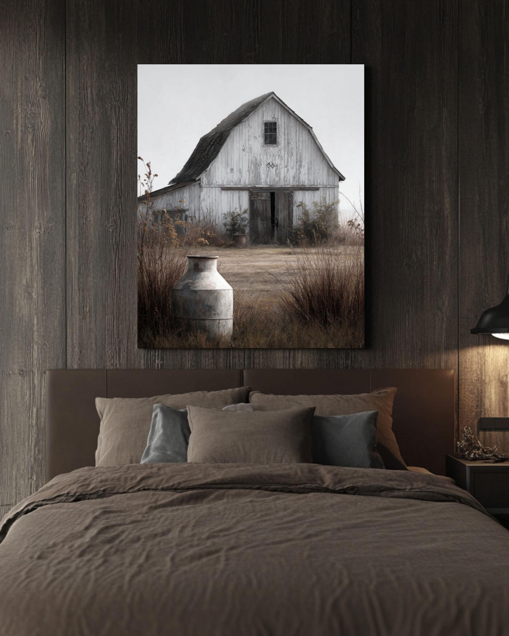 Rustic White Barn Print: Farmhouse Milk Can, Arrow Detail Canvas Wall Art – Modern Decor Print