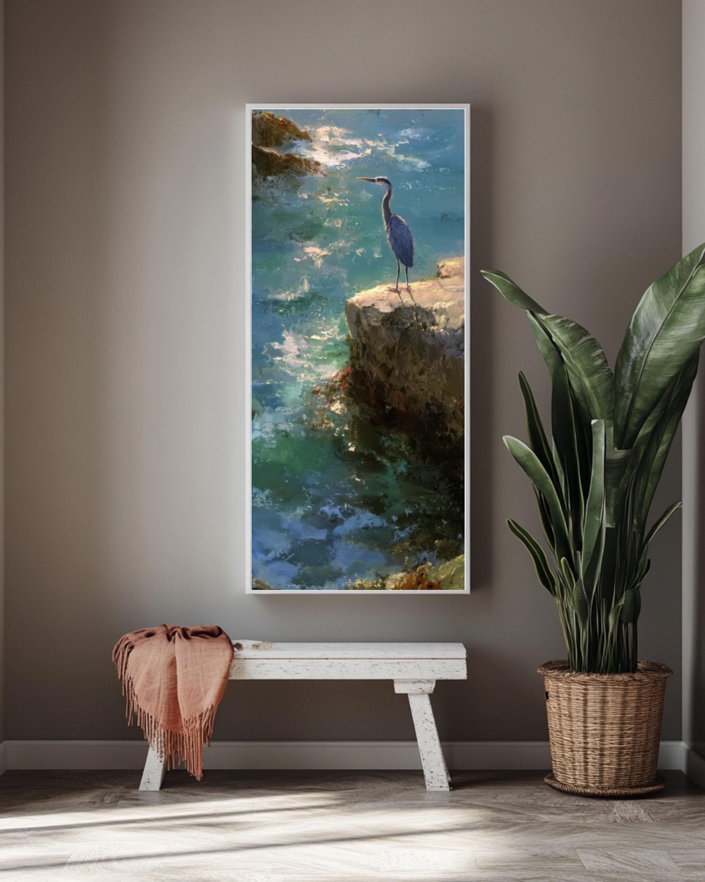 Blue Heron Coastal Art Print: Kinkade & Sargent Style Ocean Painting Canvas Wall Art – Modern Decor Print