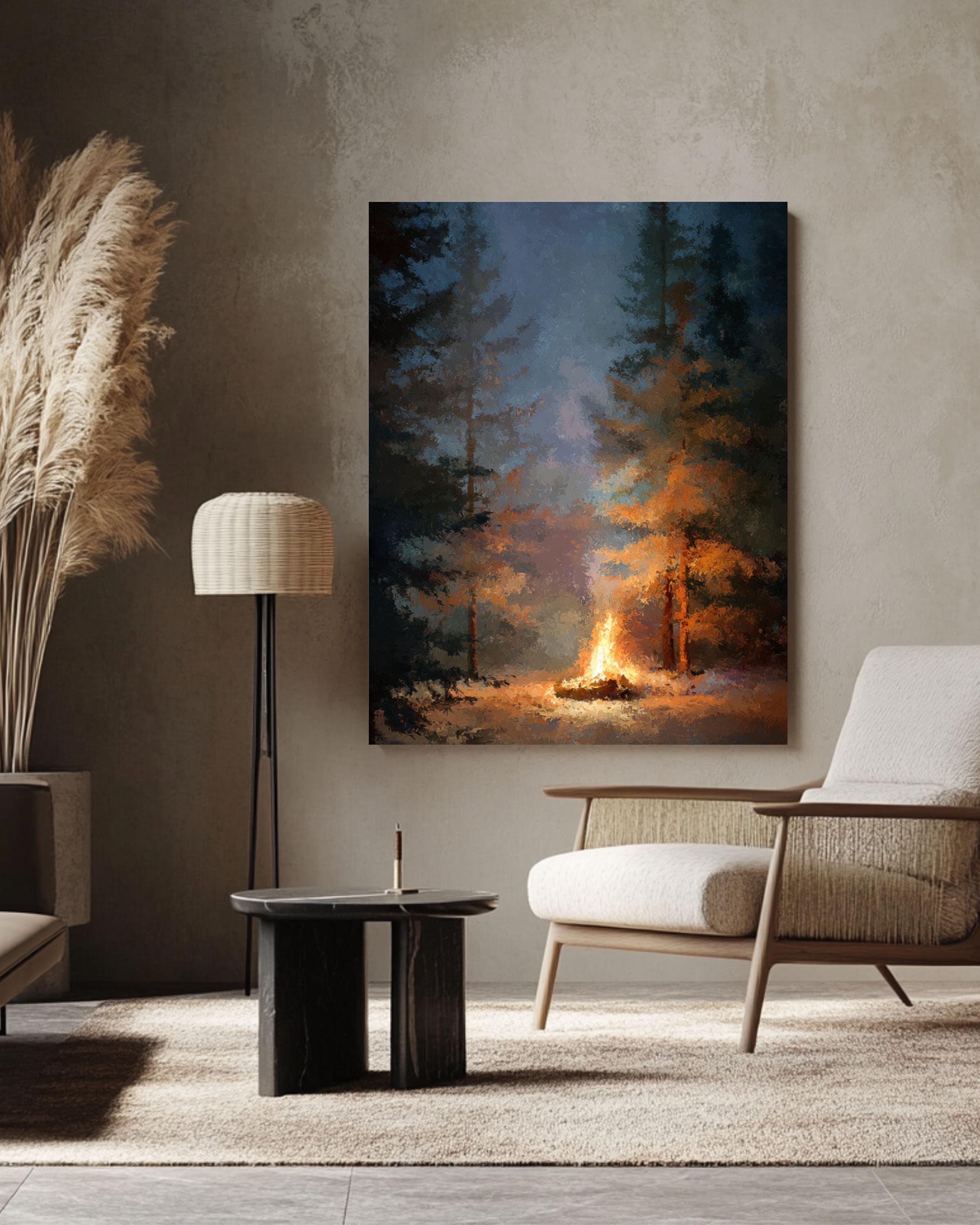 Campfire Forest Art Print: Cozy Cabin Decor, Oil Style Canvas Wall Art – Modern Decor Print
