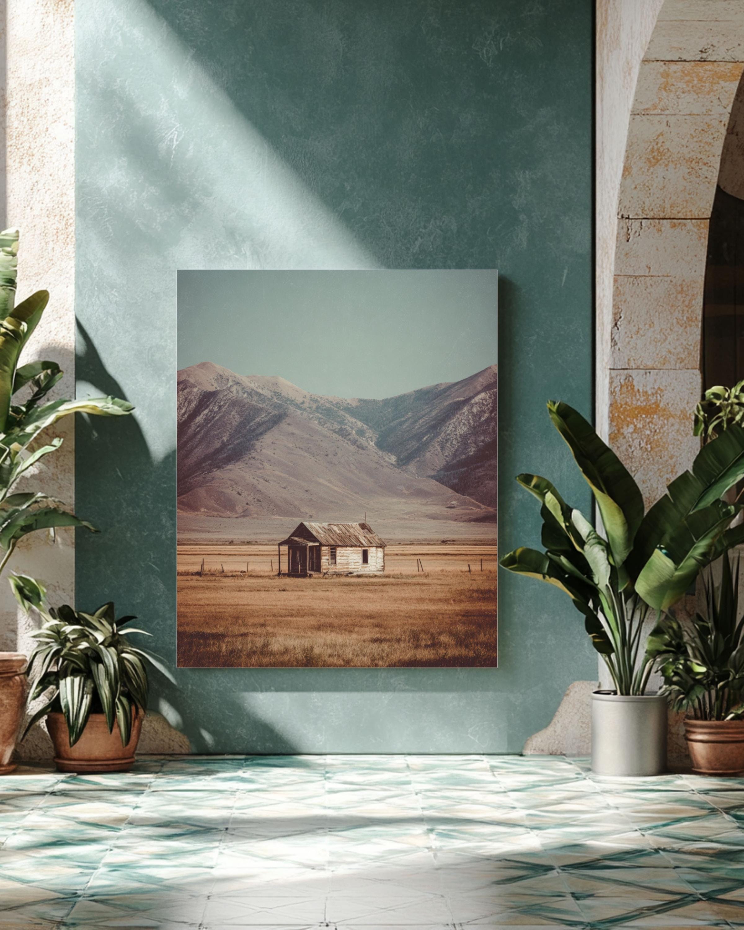 Rustic Cabin Field Art: Minimalist Mountain Landscape Print Canvas Wall Art – Modern Decor Print