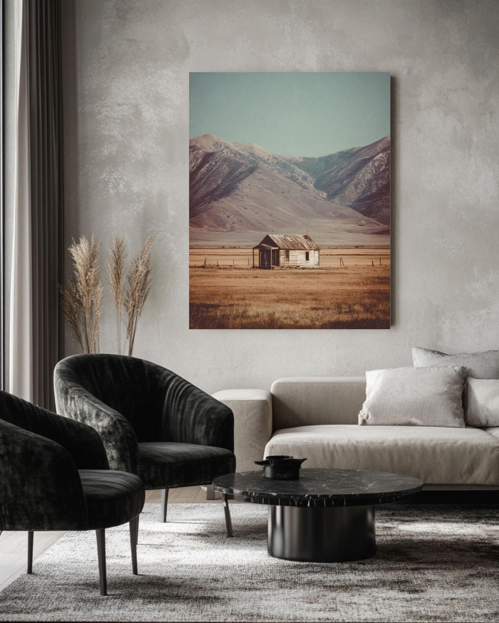 Rustic Cabin Field Art: Minimalist Mountain Landscape Print Canvas Wall Art – Modern Decor Print