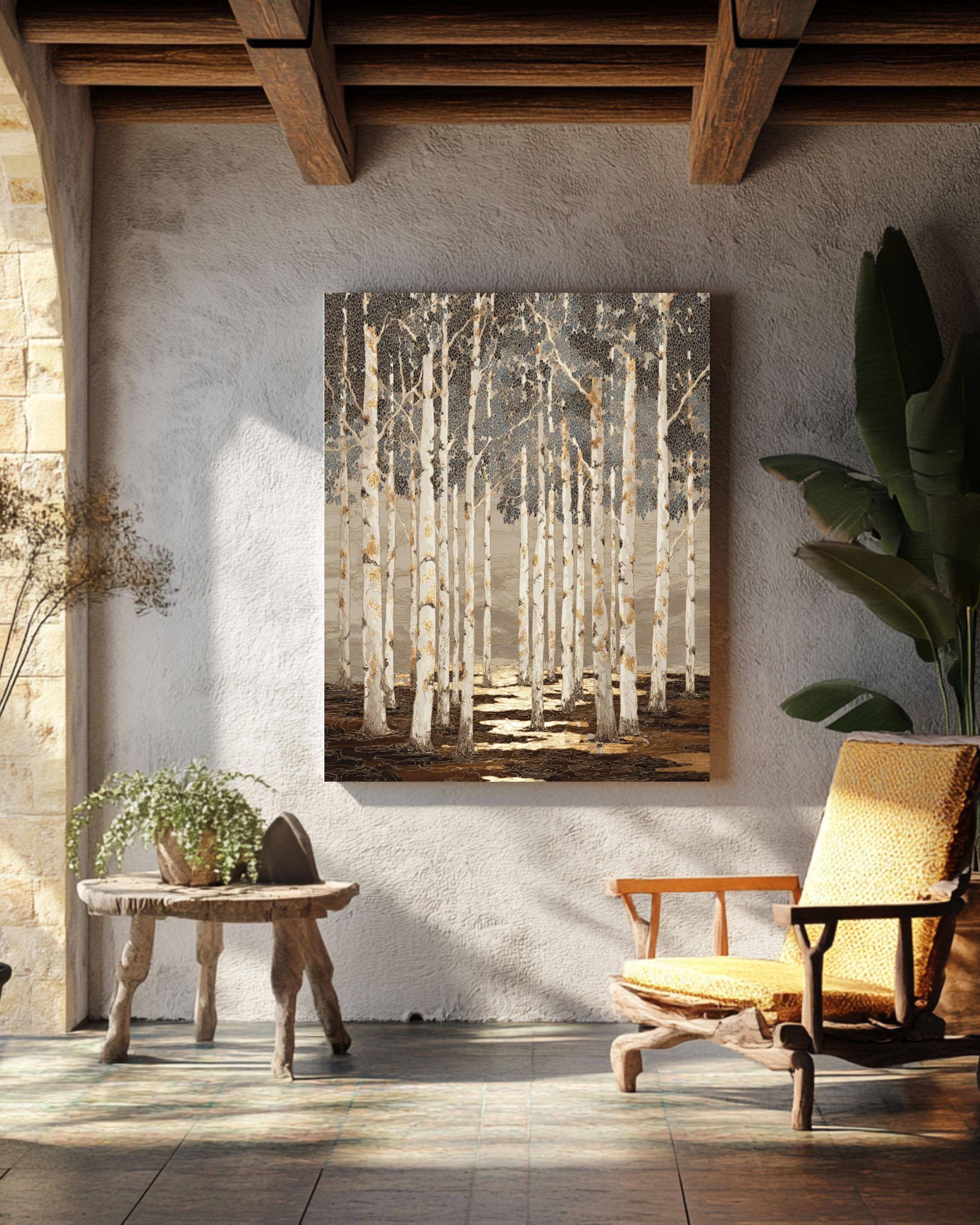 Batik Birch Tree Forest Art Print: Tan, Black & Gold Highlights Canvas Wall Art – Modern Decor Print