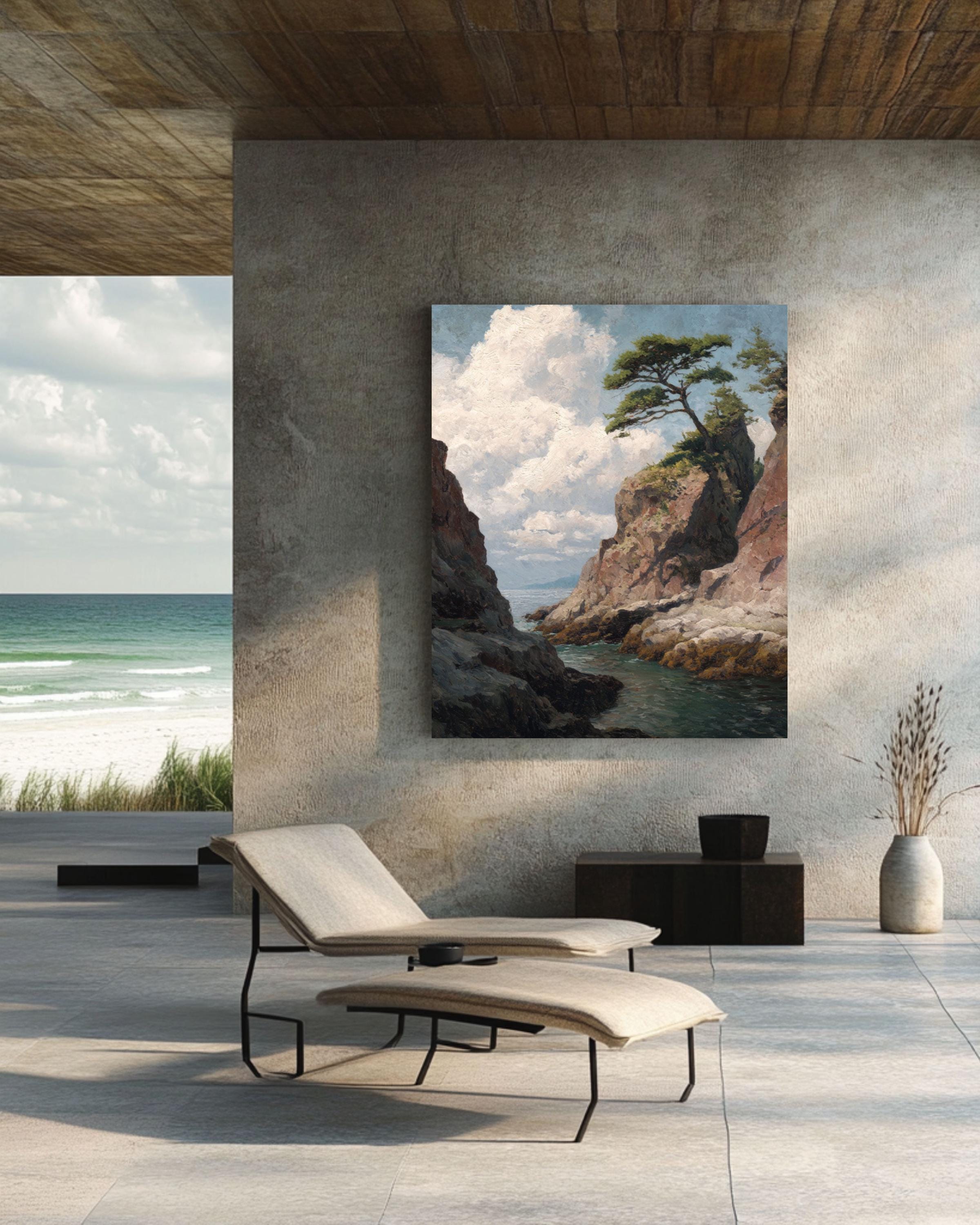 Lone Pine Tree Coastal Print: Muted Landscape Art, Henry John Bemis Style Canvas Wall Art – Modern Decor Print