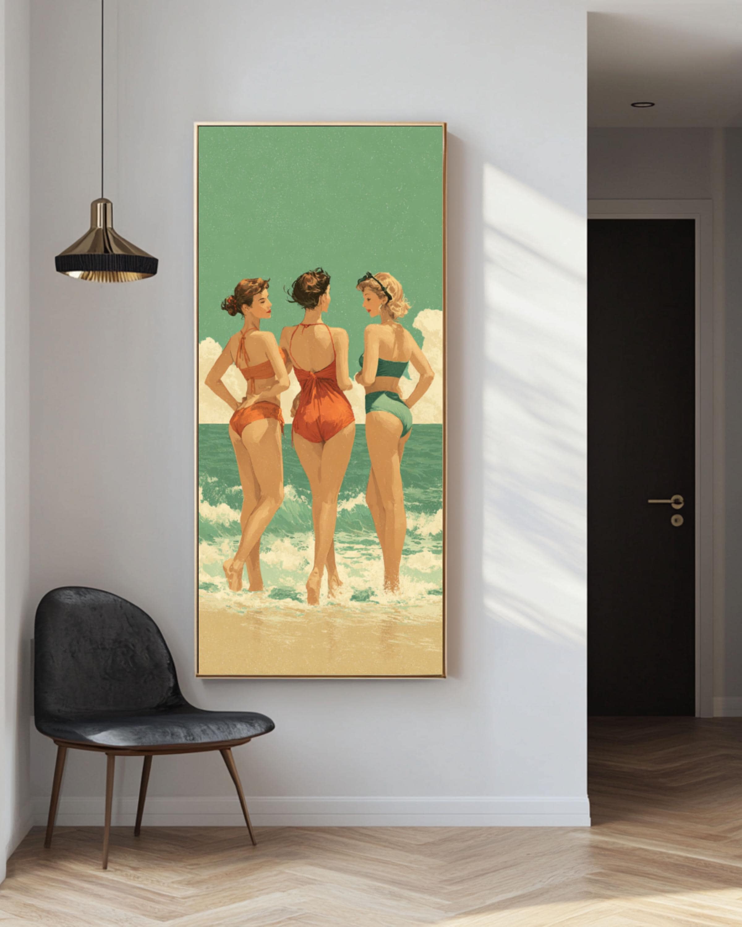 Retro Beach Print: Vintage Swimsuits, Green Sea Coastal Wall Art Canvas Wall Art – Modern Decor Print