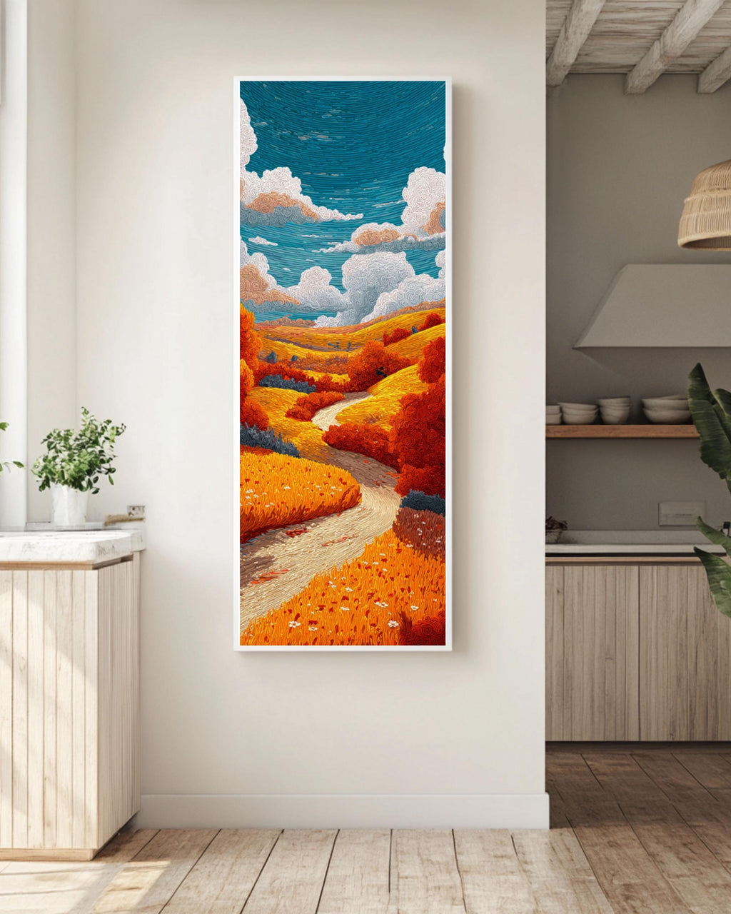 Autumn Countryside Landscape Art: Whimsical Kids Illustration Style Canvas Wall Art – Modern Decor Print